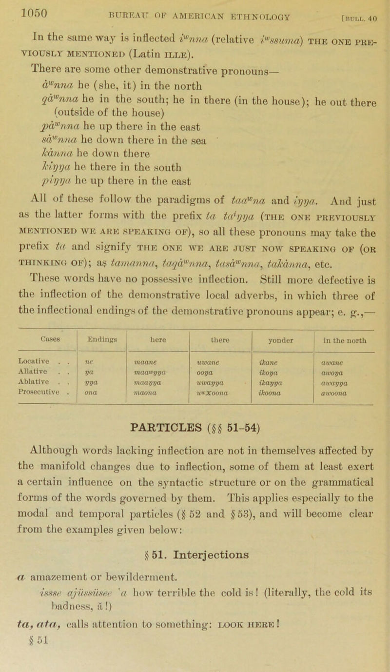 40 In the same way is inflected i'^nna (relative i'^asurtia) the one pre- viously MENTIONED (Latin ille). There are some other demonstrative pronouns— a^^nna he (she, it) in the north qd'^nna he in the south; he in there (in the house); he out there (outside of the house) pa^nna he up there in the east sd'^nna he down there in the sea I'dnna he down there I'lyija he there in the south l)!r)ya ho up there in the east All of these follow the paradigms of taa^na and i.yya. And just as the latter forms with the prefix ia ta^yya (the one previously MENTIONED WE ARE SPEAKING of), SO all these proiiouns may take the prefix ta and signify the one we are just now speaking of (or THINKING of); as tanuwnu, taqd}^nna^ tiisd^n7ia, tal'dima, etc. These words have no possessive inflection. Still more defective is the inflection of the demonstrative local adverbs, in which three of the inflectional ending's of the demonstrative pronouns appear; e. g.,— Cases Endings here tliere yonder in the north Locative . . ne maane uwane ikane awane Allativc . . 7)0. maan^ppa ooya ikoya atvopa Ablative . . Tj'Oa viaarjyja uwayya ika’gya awaiDTja Prosecutive . ona maona uvixoona ikoona awoona PARTICLES (§§ 51-54) Although words lacking inflection are not in themselves affected by the manifold changes due to inflection, some of them at least exert a certain influence on the s}ntactic structure or on the grammatical forms of the words governed by them. This applies especially to the modal and temporal particles (§52 and §53), and will become clear from the examples given below: § 51. Interjections a amazement or bewilderment. ?‘.s*,svvc ajiifimm' 'a how terrible the cold is! (literally, the cold its badness, a!) fa, ata, calls attention to something: look here I