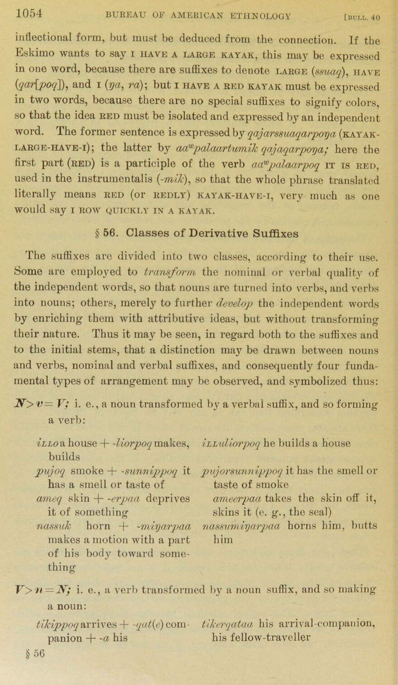 inflectional foi-m, but must be deduced from the connection. If the Eskimo wants to say i have a large kayak, this may be expressed in one word, because there are suflSxes to denote large {ssvaq), have {<]a7\po<f\), and i {ya, ra); but i have a red kayak must be expressed in two words, because there are no special suffixes to signify colors, so that the idea red must be isolated and expressed by an independent word. The former sentence is expressed by qajarssuaqarpoya (kayak- large-ha ve-i); the latter by aa'^palaartumik qajaqarpoya,’ here the first part (red) is a participle of the verb aa}”pal(jbarpoq it is red, used in the instrumental is {-mil), so that the whole phrase translated literally means red (or redly) kayak-have-i, very much as one would say i row quickly in a kayak. § 56. Classes of Derivative Suffixes The suffixes arc divided into two classes, according to their use. Some are emplo^md to transform the nominal or verbal quality of the independent words, so that nouns are turned into verbs, and verbs into nouns; others, mei’ely to further develop the independent words by enriching them with attributive ideas, but without transforming their nature. Thus it ma}'^ be seen, in regard both to the suffixes and to the initial stems, that a distinction may be drawn between nouns and verbs, nominal and verbal suffixes, and consequently four funda- mental types of arrangement may be observed, and symbolized thus: If> v= V; i. e., a noun transformed by a verbal suffix, and so forming a verb: ^iioa house + -liorpoq makes, builds pujoq smoke -+- -mnnippnq it has a smell or taste of ameq skin -j- -erpaa deprives it of something nassuk horn -)- -miyarpaa makes a motion with a part of his bod}”^ toward some- thing F>»/=iV7 i. e., a noun: tikippoq^iw'wQ,^ + -qat{e) com- panion -f- -a his iLLuliorpoq he builds a house qnijorsunnippoq it has the smell or taste of smoke ameerpaa takes the skin off it, skins it (e. g., the seal) nasftvwiyaipaa horns him, butts him a verl) transformed by a noun suffix, and .so making tikerqataa his arrival-companion, his fellow-traveller §56