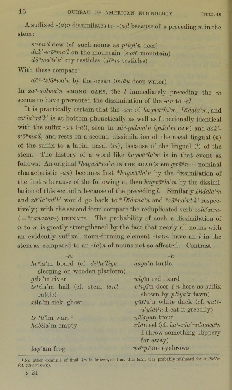 [BULL. 40 A suffixed -(a)n dissimilates to -(a)l because of a preceding m in the stem: s'imi'l dew (cf. such nouns as 'pliyx'n deer) daV-s'd'^ma'l on the mountain (s'om mountain) dd^madt'F my testicles (do“m testicles) With these compare: dd‘^-ts!d‘^wa'n by the ocean (tsldu deep water) In xd^'-yvlTfid n among oaks, the I immediately preceding the tyi seems to have prevented the dissimilation of the -an to -al. It is practically certain that the -am of Tiagwd’^la^m, Didala'm, and xdHa''mt'F is at bottom phonetically as well as functionally identical with the suffix -an (-al), seen in xd°'-gulma''n {gvlFm oak) and daF- s-d'Hna'l, and rests on a second dissimilation of the nasal lingual (n) of the suflix to a labial nasal (m), because of the lingual (T) of the stem. The history of a word like hagwdHa^m is in that event as follows: An original *hagwd‘^na'‘n in the road (stem gwd’^n- + nominal characteristic -an) becomes first *hagwdHa'n by the dissimilation of the first n because of the following n, then TiagwdHa^m by the dissimi lation of this second n because of the preceding 1. Similarly DwZaZa'm and xdHa'^mVF would go back to *Dldana'n and *xd‘^na'nt'F respec- tively ; with the second form compare the reduplicated verb xala'xam- (= *xanaxa7ir-) urinate. The probability of such a dissimilation of 71 to m is greatly strengthened by the fact that nearly all nouns with an evidently suffixal noun-forming element -{a)m have an Z in the stem as compared to an -{a)n of nouns not so affected. Contrast: -m ^e®la'm board (cf. dl'he'liya sleeping on wooden platform) grela'm river Zs.'ela'm hail (cf. stem ts.'el- rattle) xila'm sick, ghost ts'!il''\m wart ‘ Aaftila'in empty lap'am frog -n dagFn turtle wigm red lizard fliyi'To. deer {-n here as suffix shown by pHya'x fawn) yutin'n white duck (cf. yut!- u'yidi^n I eat it greedily) yu'xgan trout xddn eel (cf. 7id^-xdd'°xdagwa^n I throw something slippery far away) ^^“p.'un- eyebrows 1 No other example of final -Im Is known, so that this form was probably misheard for tf!Ulu'm (of. gulu'm OAK). § 21