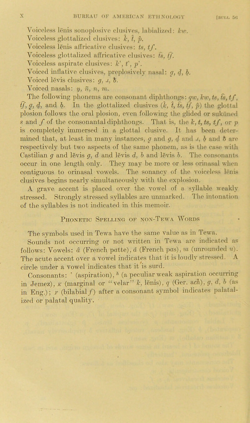 V^oicc'loss l(~nis sonoplosivc* fliisivos, iiiMnlizcd; /■?/;. VoiceloHS jfl()Ualiz('(l clusivoa; Ic, I, p. Voiceless lenis ndiiciUive clusives: tfi, if. Voiceless glottalized aflricative. clusives; Vh, if. Voiceless aspirate clusives: 1:', t\ p'. Voiced inflativc clusives, preplosively nasal: (j, d, b. Voiced levis clusives: g, j, fe. Voiced nasals: y, n, n, m. The following ]dionenis are consonant diphthongs; qv;, Tev), is, is, tf, if, g, d, and b. In the glottalized clusives (k, i, is, fjf, p) the glottal plosion follows the oral plosion, even following the glided or sukuned s and f of the consonantal diphthongs. That is, the lc,t,ts, if, or p is completely inunersed m a glottal elusive. It has been deter- mhied that, at least in many instances, g and g, d and u, b and ft are respectively but two aspects of the same phonem, as is the case with Castilian g and levis g, d and levis d, b and levis ft. The consonants occur in one length only. They may be more or less orinasal when contiguous to orinasal vowels. The sonancy of the voiceless lenis clusives begins neai'ly sunultaneously vdth the explosion. A grave accent is placed over the vowel of a syllable weakly stressed. Strongly stressed syllables are unmarked. The intonation of the syllables is not indicated in this memoir. Phonetic SPEnniNO of non-Tewa Words The symbols used in TeAva have the same value as in TeAva. Sounds not occurring or not Avritten hi Tewa are indicated as follows: Vowels: d (French patte), d (French pas), m (unrounded «). The acute accent over a voaa^cI indicates that it is loudly stressed. A circle under a vowel indicates that it is surd. Consonants: ' (aspiration), ^ (a peculiar Aveak aspiration occurring in Jemez), k (marginal or “velar” k, lenis), q (Ger. aeft), g, d, ft (as in Eng.); f (bhabicil/) after a consonant symbol indicates palatal- ized or palatal quality.