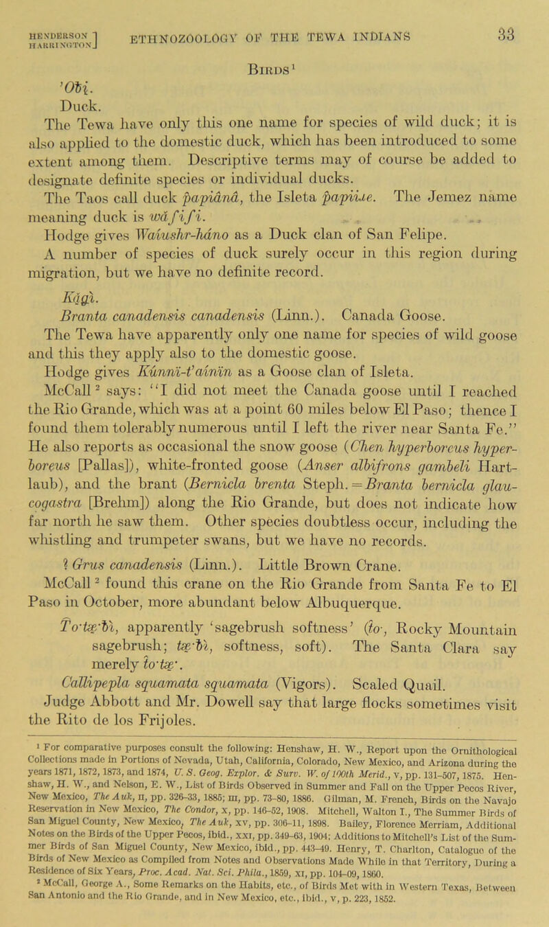 HAItltlNIiTON’J 33 Birds* ’OH. Duck. The Tewa have only this one name for species of wild duck; it is also apphed to the domestic duck, which has been introduced to some extent among them. Descriptive terms may of course be added to designate definite species or individual ducks. The Taos call duck papidnd, the Isleta papiue. The Jemez name meaning duck is wdfifi. Hodge gives Waiushr-hdno as a Duck clan of San Felipe. A number of species of duck surely occur in this region during migration, but we ha ve no definite record. luigX. Branta canadensis canadensis (Linn.). Canada Goose. The Tewa have apparently only one name for species of wild goose and tins they apply also to the domestic goose. Hodge gives Kunm-t’aimn as a Goose clan of Isleta. McCall^ says: “I did not meet the Canada goose until I reached the Rio Grande, which was at a point 60 miles below El Paso; thence I found them tolerably numerous until I left the river near Santa Fe.” He also reports as occasional the snow goose {Chen hyperborcus hyper- horeus P?*alias]), white-fronted goose {Anser albifrons gambeli Hart- laub), and the brant {Bemicla brenta Steph.= Branta bemicla glau- cogastra [Brehm]) along the Rio Grande, but does not indicate how far north he saw them. Other species doubtless occur, including the wlustling and trumpeter swans, but we have no records. ? Crus canadensis (Linn.). Little Brown Crane. McCall ^ found tins crane on the Rio Grande from Santa Fe to El Paso in October, more abundant below Albuquerque. fo-tcg.-bi, apparently ‘sagebrush softness* (to-, Rocky Mountain sagebrush; tse-il, softness, soft). The Santa Clara say merely io't^\ Callipepla squamata squamata (Vigors). Scaled Quail. Judge Abbott and Mr. Dowell say that large flocks sometimes visit the Rito de los Frijoles. ■ For comparative purposes coasult the following: Henshaw, H. W., Report upon the Ornithological Collections made In Portions of Nevada, Utah, California, Colorado, New Mexico, and Arizona during the years 1871, 1872, 1873, and 1874, U. S. Oeog, Explor. & Sun. W. of 100th Merid., v, pp. 131-507, 1875. Hen- shaw, H. W., and Nelson, E. W., List of Birds Observed in Summer and Fall on the Upper Pecos River, New Mexico, The Auk, n, pp. 326-33, 1885; m, pp. 73-80, 1886. Gilman, M. French, Birds on the Navajo Reservation in New Mexico, The Condor, x, pp. 146-52, 1908. Mitchell, Walton I., The Summer Birds of San Miguel County, New Mexico, The Auk, xv, pp. 306-11, 1898. Bailey, Florence Merriam, Additional Notes on the Birds of the Upper Pecos, ibid., xxi, pp. 349-63, 190-1; Additions to Mitchell’s List of the Sum- mer Birds of San Miguei County, New Mexico, ibid., pp. 443-49. Henry, T. Charlton, Catalogue of the Birds of New Mexico as Compiled from Notes and Observations Made While in that Territory, During a Residence of Six Years, Proc. Acad. Nat. Set. Phila., 1859, xi, pp. 104-09, I860. 2 McCail, George A., Some Remarks on the Habits, etc., of Birds Mot with in Western Texas, Bet ween San Antonio and the Rio Grande, and in Now Mexico, etc.. Ibid., v, p. 223, 1852.