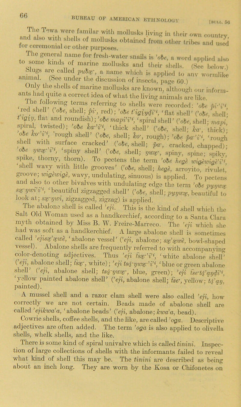 BUREAU OF AMERICAN ETllNOl.OUV liiViA.. 50 The Towa were famUar rnollusks living in tl.eir own count,-v and also with shells of rnollusks obtained f,-o,„ other tribes and used foi ceremonial or other purposes. The general name for f,-esh-water snails is ’obe, a word apjilied also to some kinds of marine rnollusks and their shells. (.See below) animT ‘'(L? ‘'I a name which is applied to anv wormlik^ ammai. (See under the discussion of insects, jiage 00 ) Oidy the shells of marine rnollusks are known, although our inform- ante had quite a correct idea of what the living animals are like. , referring to shells were recorded: ’obe pv’i’t red shell ( obe, sheU; pv, red); ’obe t’igiydi’^ ‘flat shell’ {’obe, shell- t igiv, flat and roundish); ’oSemapi’i’*, ‘spiralshell’ {’obe, shell; majrl spn-a, twisted); ’oJe ^a-’i’h 'thick shell’ {’obe, shell; lea-, thick) obe ko rough shell’ {’obe, shell; Ico', rough); ’obe pa-’i’\ ‘rough shell vath surface cracked’ (’ofee, sheU; pa-, cracked, chapped); Obe ‘spmy sheU’ i^obe, shefl; , spiny, spine; 'spik,' spike, thorny, thorn). To pectens the term ’obe liege vngemge’i’^ shell wavy vuth little grooves’ {’obe, shefl; heg^, arro.yito, rivulet’ groove; imgevnge, wavy, undulating, sinuous) is applied. To pectens and also to other bivalves with undulating edge the term ’obe py,ywx s^-yvn’%’^, ‘beautiful zigzagged shell’ (’o5e, shefl; py,yw^, beautiful to look at; s^-yvn, zigzagged, zigzag) is applied. The abalone shefl is called ’eji. This is the kind of shefl which the Salt Old Woman used as a handkerchief, according to a Santa Clara myth obtahied by Miss B. W. Freire-Marreco. The ’eji which she had was soft as a handkerchief. A large abalone shefl is sometimes called ’ejissp’spwe,‘abslone vessel’ {’eji, abalone; sm’^^we, bowl-shaped vessel). Abalone shells are frequently referred to mth accompaming color-denoting adje^ctives. Thus ’eji tsse-’i’\ ‘white abalone shelP (’eji, abalone shefl; tssp-, white); ’eji tsCi-yw^-’i’\ ‘blue or green abalone shell’ {’eji, abalone shefl; tsa-ywsp-, blue, green); ’eji fse-td’aydi’\ ‘yellow painted abalone shell’ {’eji, abalone shefl; tse', yellow Vf’o/;’ painted). A mussel shefl and a razor clam shefl were also called ’eji, how correctly we are not certain. Beads made of abalone shefl are called ’ejikwa’a, ‘abalone beads’ {’eji, abalone; kwa’a, bead). Cowrie shells, coffee shells, and the like, are called ’oga. Descriptive adjectives are often added. The term ’oga is also applied to oflvella shells, whelk shells, and the like. There is some kind of spiral univalve wliich is called tinini. Inspec- tion of large collections of shells wth the informants failed to reveal what kind of shefl this may be. The tinini are described as being about an inch long. They are worn by the Kosa or Chifonetes on