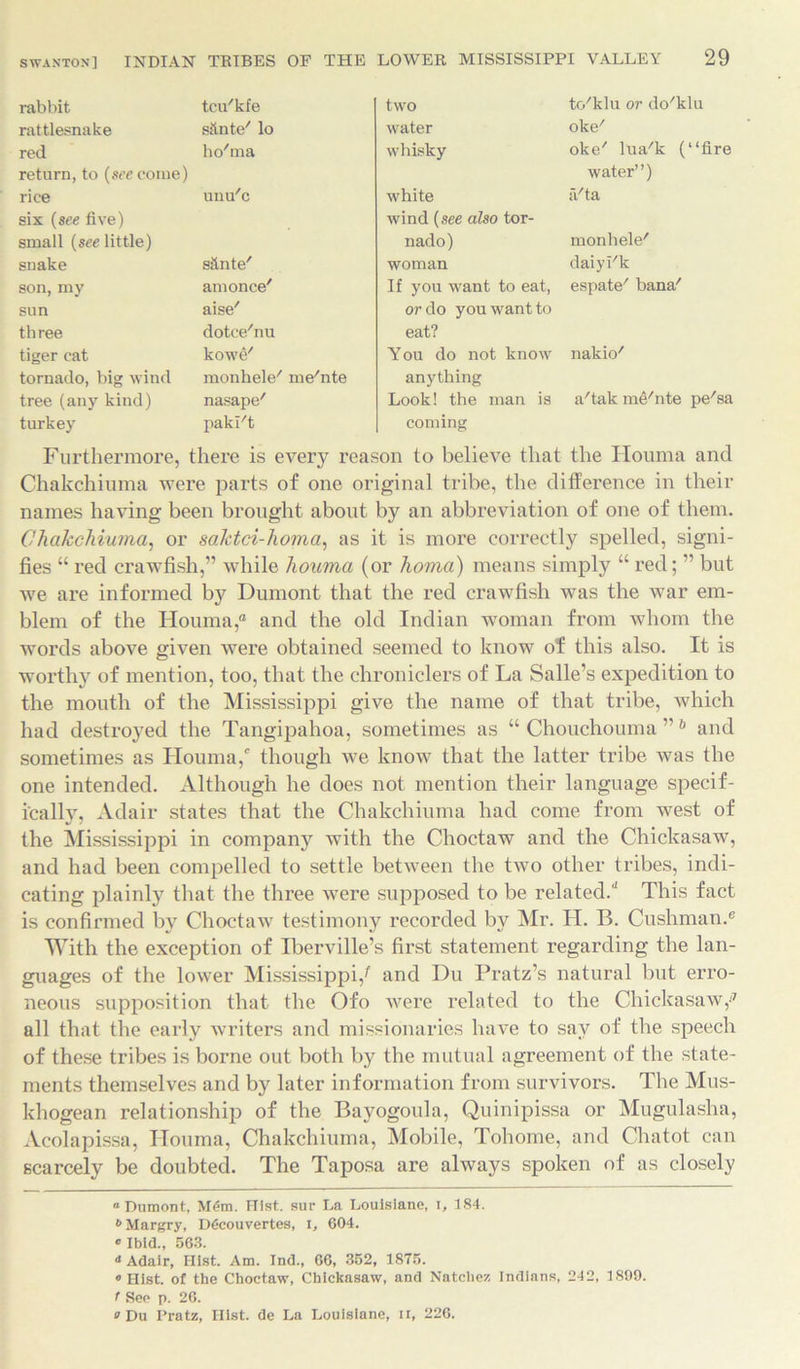 rabbit rattlesnake red return, to (see come) rice six (see five) small (see little) snake son, my sun three tiger cat tornado, big wind tree (any kind) turkey tcu'kfe sllnte/ lo ho'ma unu'c sSnte' amonce' aise' dotce'nu kowe/ monhele/ me'nte nasape' pakl't two water whisky white wind (see also tor- nado) woman If you want to eat, or do you want to eat? You do not know anything Look! the man is coming to'klu or do'klu oke' oke' lua'k (“fire water”) ii/ta monhele' daiyi'k espate' bana/ nakio/ a/tak me/nte pe/sa Furthermore, there is every reason to believe that the Houma and Chakchiuma were parts of one original tribe, the difference in their names having been brought about by an abbreviation of one of them. Chakchiuma, or saktci-homa, as it is more correctly spelled, signi- fies “ red crawfish,” while houma (or homa) means simply “ red; ” but we are informed by Dumont that the red crawfish was the war em- blem of the Houma,® and the old Indian woman from whom the words above given were obtained seemed to know of this also. It is worthy of mention, too, that the chroniclers of La Salle’s expedition to the mouth of the Mississippi give the name of that tribe, which had destroyed the Tangipahoa, sometimes as “ Chouchouma ”6 and sometimes as Houma/ though we know that the latter tribe was the one intended. Although he does not mention their language specif- ically, Adair states that the Chakchiuma had come from west of the Mississippi in company with the Choctaw and the Chickasaw, and had been compelled to settle between the two other tribes, indi- cating plainly that the three were supposed to be related.'1 This fact is confirmed by Choctaw testimony recorded by Mr. H. B. Cushman.e With the exception of Iberville’s first statement regarding the lan- guages of the lower Mississippi/ and Du Pratz’s natural but erro- neous supposition that the Ofo were related to the Chickasaw,-7 all that the early writers and missionaries have to say of the speech of these tribes is borne out both by the mutual agreement of the state- ments themselves and by later information from survivors. The Mus- khogean relationship of the Bayogoula, Quinipissa or Mugulasha, Acolapissa, Houma, Chakchiuma, Mobile, Tohome, and Chatot can scarcely be doubted. The Taposa are always spoken of as closely “Dumont, M<?m. Hist, sur La Louisianc, i, 184. b Margry, DCcouvertes, i, 604. “Ibid., 563. “Adair, Hist. Am. Ind., 66, 352, 1875. “Hist, of the Choctaw, Chickasaw, and Natchez Indians, 242, 1899. f See p. 26. “Du Pratz, Hist, de La Louisiane, n, 226.