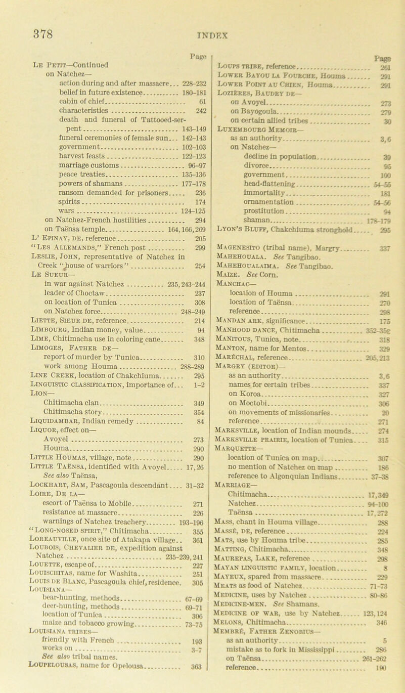 Page Le Petit—Continued on Natchez— action during and after massacre... 228-232 belief in future existence 180-181 cabin of chief 61 characteristics 242 death and funeral of Tattooed-ser- pent 143-149 funeral ceremonies of female sun... 142-143 government 102-103 harvest feasts 122-123 marriage customs 90-97 peace treaties 135-136 powers of shamans 177-178 ransom demanded for prisoners 236 spirits 174 wars 124-125 on Natchez-French hostilities 294 on Taensa temple 164,166,269 L’ Epinay, de, reference 205 “Les Allemands,” French post 299 Leslie, John, representative of Natchez in Creek “house of warriors ” 254 Le Sueur— in war against Natchez 235,243-244 leader of Choctaw 237 on location of Tunica 308 on Natchez force 248-249 Liette, Sieur de, reference 214 Limbourg, Indian money, value 94 Lime, Chitimacha use in coloring cane 348 Limoges, Father de— report of murder by Tunica 310 work among Houma 288-289 Line Creek, location of Chakchiuma 295 Linguistic classification, importance of... 1-2 Lion— Chitimacha clan 349 Chitimacha story 354 Liquidambar, Indian remedy 84 Liquor, effect on— Avoyel 273 Houma 290 Little Houmas, village, note 290 Little TaKnsa, identified with Avoyel 17,26 See also Taensa, Lockhart, Sam, Pascagoula descendant 31-32 Loire, De la— escort of Taensa to Mobile 271 resistance at massacre 226 warnings of Natchez treachery 193-196 “Long-nosed spirit,” Chitimacha 355 Loreauville, once site of Atakapa village.. 361 Loubois, Chevalier de, expedition against Natchez 235-239,241 Louette, escape of 227 Louisciiitas, name for Washita 251 Loins de Blanc, Pascagoula chief, residence. 305 Louisiana— bear-hunting, methods 67-69 deer-hunting, methods 69-71 location of Tunica 306 maize and tobacco growing 73-75 Louisiana tribes— friendly with French ...» 193 works on 3_- See also tribal names. Loupelousas, name for Opelousa 363 Page Lo ups te ibe, reference 261 Lower Bayou la Foubche, Houma 29i Lower Point au Chirk, Houma 291 Lozieres, Baudry de— on Avoyel 273 on Bayogoula 279 on certain allied tribes 30 Luxembourg Memoir— as an authority z, 6 on Natchez— decline in population 39 divorce 95 government 100 head-flattening 54-55 Immortality m ornamentation 54-56 prostitution 94 shaman 178-179 Lyon’s Bluff, Chakchiuma stronghold 295 Magenesito (tribal name), Margry 337 Mahehouala. See Tangibao. Mahehoualaima. See Tangibao. Maize. See Com. Manchac— location of Houma 291 location of Taensa 270 reference 298 Mandan ark, significance 175 Manhood dance, Chitimacha 352-35e Manitous, Tunica, note _■ 318 Manton, name for Mentos 329 MarEchal, reference 205,213 Margry (editor)— as an authority 3.6 names for certain tribes 337 on Korea 327 on Moctobi 306 on movements of missionaries 20 reference 271 Marksville, location of Indian mounds 274 Marksvili.e prairie, location of Tunica 315 Marquette— location of Tunica on map 307 no mention of Natchez on map 1S6 reference to Algonquian Indians 37-38 Marriage— Chitimacha.... 17,349 Natchez 94-100 Taensa 17,272 Mass, chant in Houma village 288 Mass£, de, reference 224 Mats, use by Houma tribe 2S5 Matting, Chitimacha 348 Maurepas, Lake, reference 29S Mayan linguistic family, location 8 Mayeux, spared from massacre 229 Meats as food of Natchez 71-73 Medicine, uses by Natchez 80-86 Medicine-men. See Shamans. Medicine of war, use by Natchez 123,124 Melons, Chitimacha 346 MembrE, Father Zenobius— as an authority 5 mistake as to fork in Mississippi 286 on Taensa 261-262 reference 190