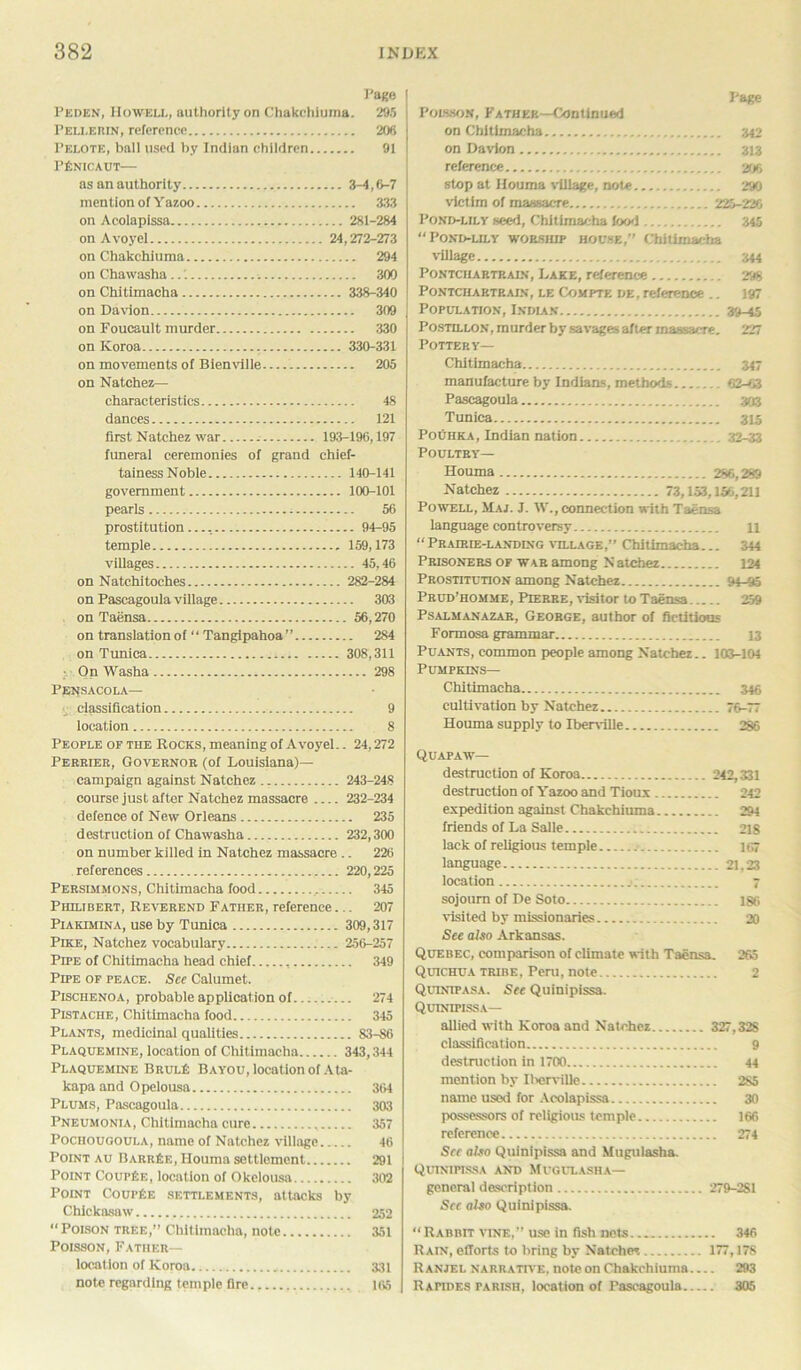 Page Peden, Howell, authority on Chakchiurna. 295 Peli.erin, reference 20ft Telote, ball used by Indian children 91 PjSnicaut— as an authority 3-4,6-7 mention of Yazoo 333 on Acolapissa 281-284 on Avoyel 24,272-273 on Chakchiurna 294 on Chawasha •. 300 on Chitimacha 338-340 on Davion 309 on Foucault murder 330 on Koroa , 330-331 on movements of Bienville 205 on Natchez— characteristics 48 dances 121 first Natchez war 193-196,197 funeral ceremonies of grand chief- tainess Noble 140-141 government 100-101 pearls 56 prostitution........ 94-95 temple 159,173 villages 45,46 on Natchitoches 282-284 on Pascagoula village 303 on Taensa 56,270 on translation of “Tangipahoa” 284 on Tunica 308,311 ■ On Washa 298 Pensacola— ■; classification 9 location 8 People of the Rocks, meaning of Avoyel.. 24,272 Perrier, Governor (of Louisiana)— campaign against Natchez 243-248 course just after Natchez massacre 232-234 defence of New Orleans 235 destruction of Chawasha 232,300 on number killed in Natchez massacre .. 226 references 220,225 Persimmons, Chitimacha food 345 Philibert, Reverend Father, reference... 207 Piakimina, use by Tunica 309,317 Pike, Natchez vocabulary 256-257 Pipe of Chitimacha head chief , 349 Pipe of peace. See Calumet. Pischenoa, probable application of 274 Pistache, Chitimacha food 345 Plants, medicinal qualities 83-86 Plaquemine, location of Chitimacha 343,344 Plaquemine BrulE Bayou, location of Ata- kapa and Opelousa 364 Plums, Pascagoula 303 Pneumonia, Chitimacha cure , 357 Pochougoula, name of Natchez village 46 Point au BarrEe, Houma settlement 291 Point CoupEe, location of Okclousa 302 Point CoupEe settlements, attacks by Chickasaw 252 “ Poison tree,” Chitimacha, note 351 Poisson, Father— locat ion of Koroa 331 note regarding temple fire. 165 Page ! Poisson, Father—Continued on Chitimacha 342 on Davion 313 reference 206 stop at Ilouma village, note 290 victim of massacre 225-226 Pond-lily seed, Chitimacha food 345 Pond-lily worship house,” Chitimacha village 344 Pontciiartrain, Lake, reference 298 Pontchartrain, le Compte de, reference .. 197 | Population, Indian 39-45 ) Postillon, murder by savages after massacre. 227 Pottery— Chitimacha 347 manufacture by Indians, methods 62-63 Pascagoula 303 Tunica 315 PoCthka, Indian nation 32-33 Poultry— Houma 286,289 Natchez 73,1.53,156,211 Powell, Maj. J. W., connection with Taensa language controversy n “Prairie-landing village,” Chitimacha... 344 Prisoners of war among N atchez 124 Prostitution among Natchez 94-95 Prud’homme, Pierre, visitor to Taensa 259 Psalmanazar, Geobge, author of fictitious Formosa grammar 13 Puants, common people among Natchez.. 103-104 Pumpkins— Chitimacha 346 cultivation by Natchez 76-77 Houma supply to Iberville 286 Quapaw— destruction of Koroa 242,331 destruction of Yazoo and Tiou.v 242 expedition against Chakchiurna 294 friends of La Salle 218 lack of religious temple .■ 167 language 21,23 location 7 sojourn of De Soto 186 visited by missionaries 20 See also Arkansas. Quebec, comparison of climate with Taensa. 265 Quichua tribe , Peru, note 2 Quinipasa. See Quinipissa. Quinipissa— allied with Koroa and Natchez 327,32S classification 9 destruction in 1700 44 mention by Iberville 285 name used for Acolapissa 30 possessors of religious temple 166 reference 274 Sec also Quinipissa and Muguiasha. Quinipissa and Mugclasha— general description 279-281 See also Quinipissa. “Rabbit vine,” use in fish nets 346 Rain, efforts to bring by Natchez 177,178 R anjel narrative, note on Chakchiurna 293 Rapides parish, location of Pascagoula 305