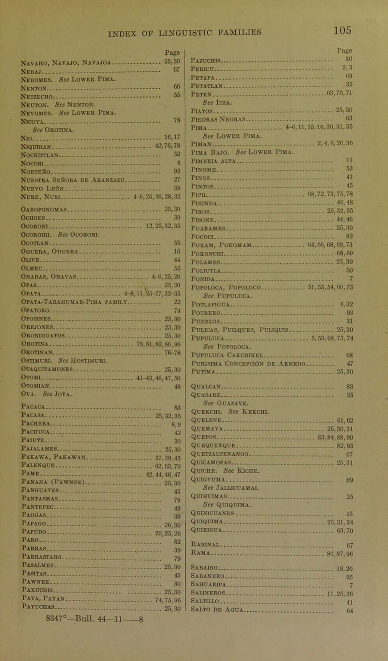 Page Navaho, Navajo, Navajoa 25,30 Nebomes. See Lower Pima. Nenton 66 Netzecho 55 Neoton. See Nenton. Nevomes. See Lower Pima. Nicova 78 See Orotina. Nio 16,17 NlQinRAN 42,76,78 NoanzTLAN 52 NOCORI 4 NorteNo 95 Nuestra SeSora de Aranzazu 27 Nuevo Le6n 38 NurE, Nuri 4-6,25,26,28,32 Oaboponomas 25,30 OCHOES 39 OCORONI 12,25,32,35 OcoROiRi. See Ocoroni. OCOTLAN 55 Oguera, Ohuera 16 Olive 44 Olmec 55 ONABAS, OnavaS 4-6,25,26 OpaS .... 25,30 Opata 4-8,11,^27,32-35 Opata-Taraiiumar-Pima family 22 Opatoro 74 Oposines 25,30 Orejones 25,30 Oronuiuatos 25,30 Orotina 78,81,82,86,96 Orotinan 76-78 OsTTMURi. See Hostimuri. Otaquitamones 25,30 Otomi 41-43,46,47,50 Otomian 48 Ova. See Jova. Pacaca Pacasa Pachera Pachuca Paiute ’. Pajalames Pakawa, Pakawan Palenque Pame Panana (Pawnee). Panquayes Pantasmas Pantepec Paogas PapAGO Papudo Paro Parras PARRAffTAHS Pasalmes Pasitas Pawnee Paxuchis Pay A, Pay AN Payuchas 83 .. 25,32,35 8,9 42 30 25,30 .. 37,38,45 .. 62,03,70 42,44,46,47 25,30 45 79 49 39 26,30 .. 20,25,26 82 39 79 25,30 45 30 25,30 .. 74,75,96 25,30 Page 30 2,3 69 35 63.70,71 See Itza. PlATOS 25,30 PlEDRAS NeGRAS 63 Pima ... 4-6,11, 15,16,30,31,35 See Lower Pima. Pm AN ... 2,4,0,26,36 Pima Bajo. See Lower Pima. PniERLI. ALTA 11 PiNOME 53 Pinos 41 Pintos 45 PiPIL 68,72,73,75,78 PIRINDA 40.48 PiROS 25,32,35 PiSONE 44,46 POARAMES 25,30 Pocoa 82 POKAM, POKOMAM 64,06,68,69,73 POKONCnl 08,09 POLAMES 25,30 POUUTLA 50 PONIDA 7 POPOLOCA, POPOLOCO 51,53,54,60,73 See PUPULUCA. POTLAPIGUA 4,32 POTRERO 93 Pueblos 31 PULICAS, PUILQUES, PULIQUIS 25,30 PUPULUCA . 5,53,08,73,74 See PopoLOCA. PUPULUCA CaKCUIKEL. .. 08 PuRlsniA Concepcion de Aenedo 47 PUTIMA 25,30 Qualcan 83 Quasare 35 See OUAZAVE. Quekchi. See Kekchi. Quelene Quemaya 25,30,31 Quepos ... 83,84,88,90 Quequexque 82,93 Quetzaltenanoo Quicamopas Quiche. See Kiche. Quigyuma 29 See Jalucuamai. QuiHumAS See QuiQUraA. Quinicuanes Quiquima Quirigua Rabin AL Rama Sabaibo Sabanero Sahuaripa Salineros Saltillo Salto de Aqua 8347°—Bull. 44—11 8