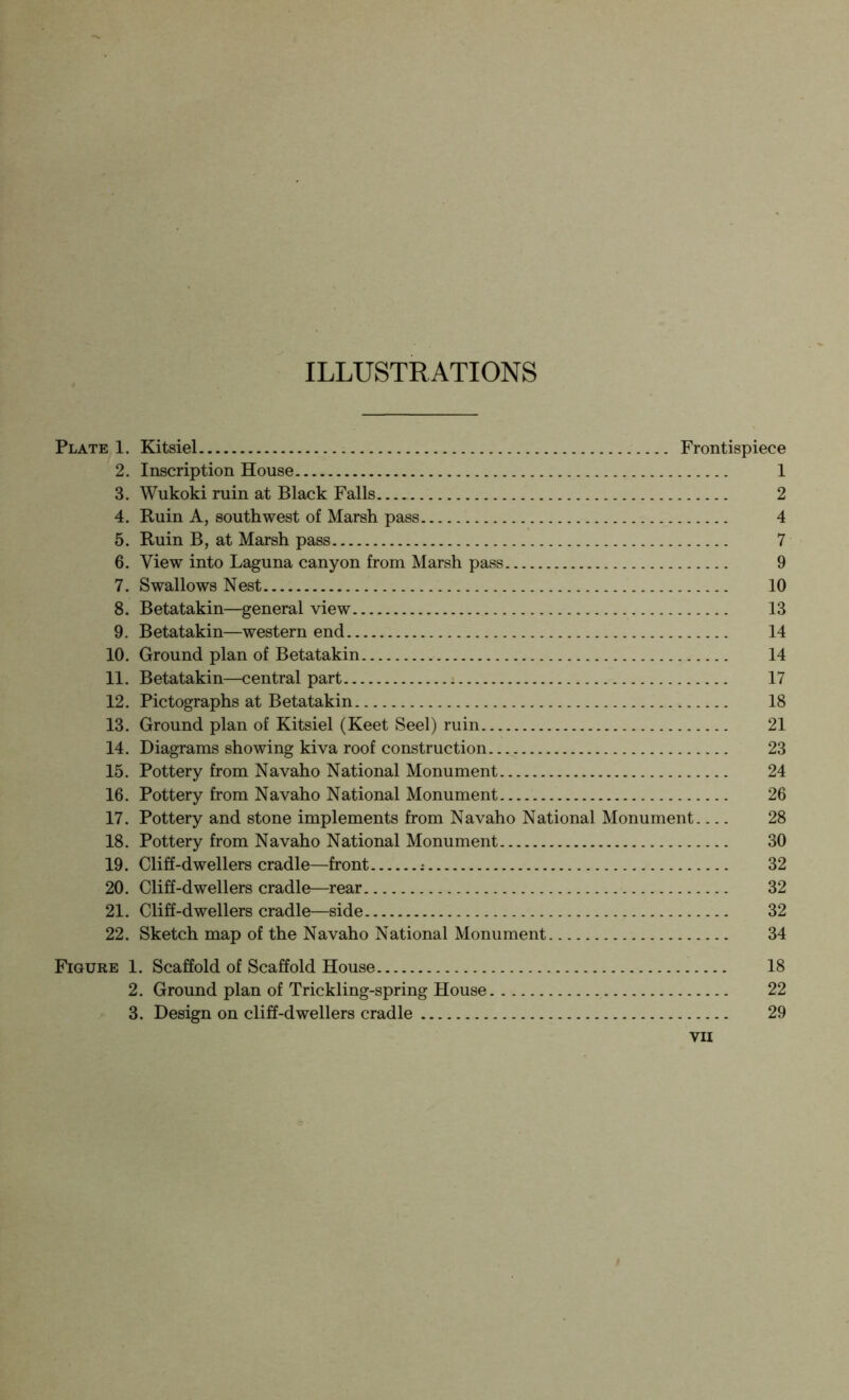 ILLUSTRATIONS Plate 1. Kitsiel Frontispiece 2. Inscription House 1 3. Wukoki ruin at Black Falls 2 4. Ruin A, southwest of Marsh pass 4 5. Ruin B, at Marsh pass 7 6. View into Laguna canyon from Marsh pass 9 7. Swallows Nest 10 8. Betatakin—^general view 13 9. Betatakin—western end 14 10. Ground plan of Betatakin 14 11. Betatakin—central part 17 12. Pictographs at Betatakin 18 13. Ground plan of Kitsiel (Keet Seel) ruin 21 14. Diagrams showing kiva roof construction 23 15. Pottery from Navaho National Monument 24 16. Pottery from Navaho National Monument 26 17. Pottery and stone implements from Navaho National Monument 28 18. Pottery from Navaho National Monument 30 19. Cliff-dwellers cradle—front : 32 20. Cliff-dwellers cradle—rear 32 21. Cliff-dwellers cradle—side 32 22. Sketch map of the Navaho National Monument 34 Figure 1. Scaffold of Scaffold House 18 2. Ground plan of Trickling-spring House 22 3. Design on cliff-dwellers cradle 29