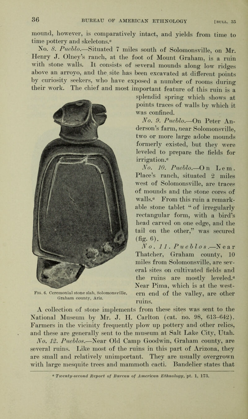 mound, however, is comparatively intact, and yields from time to time pottery and skeletons.0 No. 8. Pueblo.—Situated 7 miles south of Solomonsville, on Mr. Henry J. Olney’s ranch, at the foot of Mount Graham, is a ruin with stone walls. It consists of several mounds along low ridges above an arroyo, and the site has been excavated at different points by curiosity seekers, who have exposed a number of rooms during their work. The chief and most important feature of this ruin is a splendid spring which shows at points traces of walls by which it was confined. No. 9. Pueblo.—On Peter An- derson’s farm, near Solomonsville, two or more large adobe mounds formerly existed, but they were leveled to prepare the fields for irrigation.® No. 10. Pueblo.—O n Lem. Place’s ranch, situated 2 miles west of Solomonsville, are traces of mounds and the stone cores of walls.® From this ruin a remark- able stone tablet “ of irregularly rectangular form, with a bird’s head carved on one edge, and the tail on the other,” was secured (fig. 6). No. 11. Pueblos .—N ear Thatcher, Graham county, 10 miles from Solomonsville, are sev- eral- sites on cultivated fields and the ruins are mostly leveled.® Near Pima, which is at the west- ern end of the valley, are other ruins. A collection of stone implements from these sites was sent to the National Museum by Mr. J. H. Carlton (cat. no. 98, 613-642). Farmers in the vicinity frequently plow up pottery and other relics, and these are generally sent to the museum at Salt Lake City, Utah. No. 12. Pueblos.—Near Old Camp Goodwin, Graham county, are several ruins. Like most of the ruins in this part of Arizona, they are small and relatively unimportant. They are usually overgrown with large mesquite trees and mammoth cacti. Bandelier states that Fig. 6. Ceremonial stone slab, Solomonsville, Graham county, Ariz.
