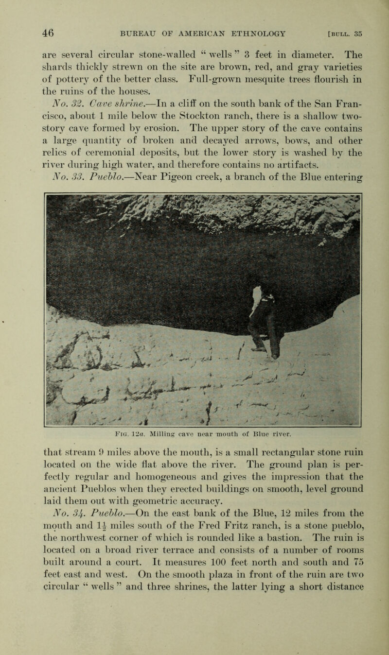 are several circular stone-walled “ wells ” 3 feet in diameter. The shards thickly strewn on the site are brown, red, and gray varieties of pottery of the better class. Full-grown mesquite trees flourish in the ruins of the houses. No. 32. Cave shrine.—In a cliff on the south bank of the San Fran- cisco, about 1 mile below the Stockton ranch, there is a shallow two- story cave formed by erosion. The upper story of the cave contains a large quantity of broken and decayed arrows, bows, and other relics of ceremonial deposits, but the lower story is washed by the river during high water, and therefore contains no artifacts. No. 33. Pueblo.—Near Pigeon creek, a branch of the Blue entering Fig. 12a. Milling cave near mouth of Blue river. that stream 9 miles above the mouth, is a small rectangular stone ruin located on the wide flat above the river. The ground plan is per- fectly regular and homogeneous and gives the impression that the ancient Pueblos when they erected buildings on smooth, level ground laid them out with geometric accuracy. No. 34,. Pueblo.—On the east bank of the Blue, 12 miles from the mouth and 1^ miles south of the Fred Fritz ranch, is a stone pueblo, the northwest corner of which is rounded like a bastion. The ruin is located on a broad river terrace and consists of a number of rooms built around a court. It measures 100 feet north and south and 75 feet east and west. On the smooth plaza in front of the ruin are two circular “ wells ” and three shrines, the latter lying a short distance