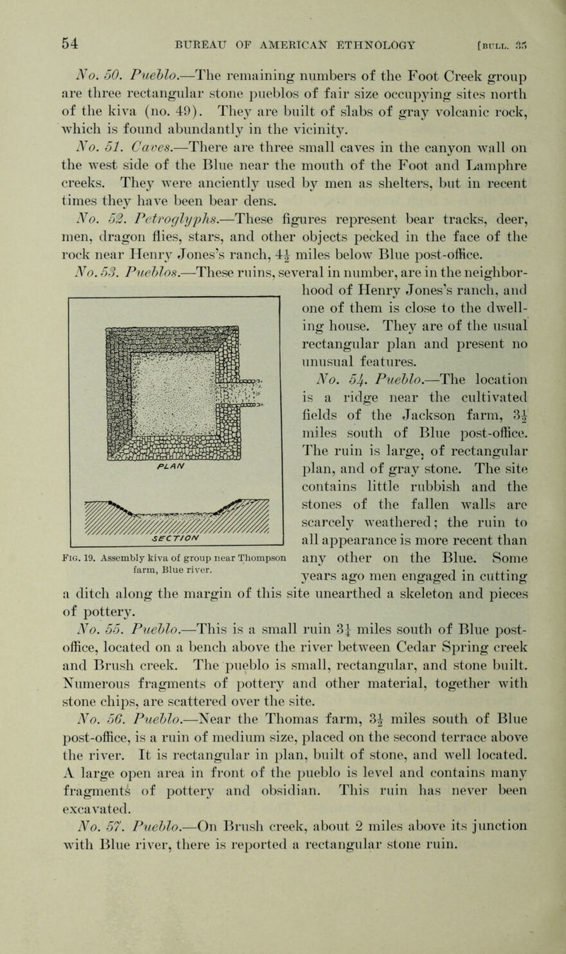 No. 50. Pueblo.—The remaining numbers of the Foot Creek group are three rectangular stone pueblos of fair size occupying sites north of the kiva (no. 49). They are built of slabs of gray volcanic rock, which is found abundantly in the vicinity. No. 51. Caves.—There are three small caves in the canyon wall on the west side of the Blue near the mouth of the Foot and Lamphre creeks. They were anciently used by men as shelters, but in recent times they have been bear dens. No. 52. Petroglyphs.—These figures represent bear tracks, deer, men, dragon flies, stars, and other objects pecked in the face of the rock near Henry Jones’s ranch, 4^ miles below Blue post-office. No. 53. Pueblos.—These ruins, several in number, are in the neighbor- hood of Henry Jones’s ranch, and one of them is close to the dwell- ing house. They are of the usual rectangular plan and present no unusual features. No. 51f. Pueblo.—The location is a ridge near the cultivated fields of the Jackson farm, 3J miles south of Blue post-office. The ruin is large, of rectangular plan, and of gray stone. The site contains little rubbish and the stones of the fallen walls are scarcely weathered; the ruin to all appearance is more recent than Fig. 19. Assembly kiva of group near Thompson any other On the Blue. Some farm, Blue river. t years ago men engaged m cutting a ditch along the margin of this site unearthed a skeleton and pieces of pottery. No. 55. Pueblo.—-This is a small ruin 3| miles south of Blue post- office, located on a bench above the river between Cedar Spring creek and Brush creek. The pueblo is small, rectangular, and stone built. Numerous fragments of pottery and other material, together with stone chips, are scattered over the site. No. 56. Pueblo.—Near the Thomas farm, 3^ miles south of Blue post-office, is a ruin of medium size, placed on the second terrace above the river. It is rectangular in plan, built of stone, and well located. A large open area in front of the pueblo is level and contains many fragments of pottery and obsidian. This ruin has never been excavated. No. 57. Pueblo.—On Brush creek, about 2 miles above its junction with Blue river, there is reported a rectangular stone ruin.