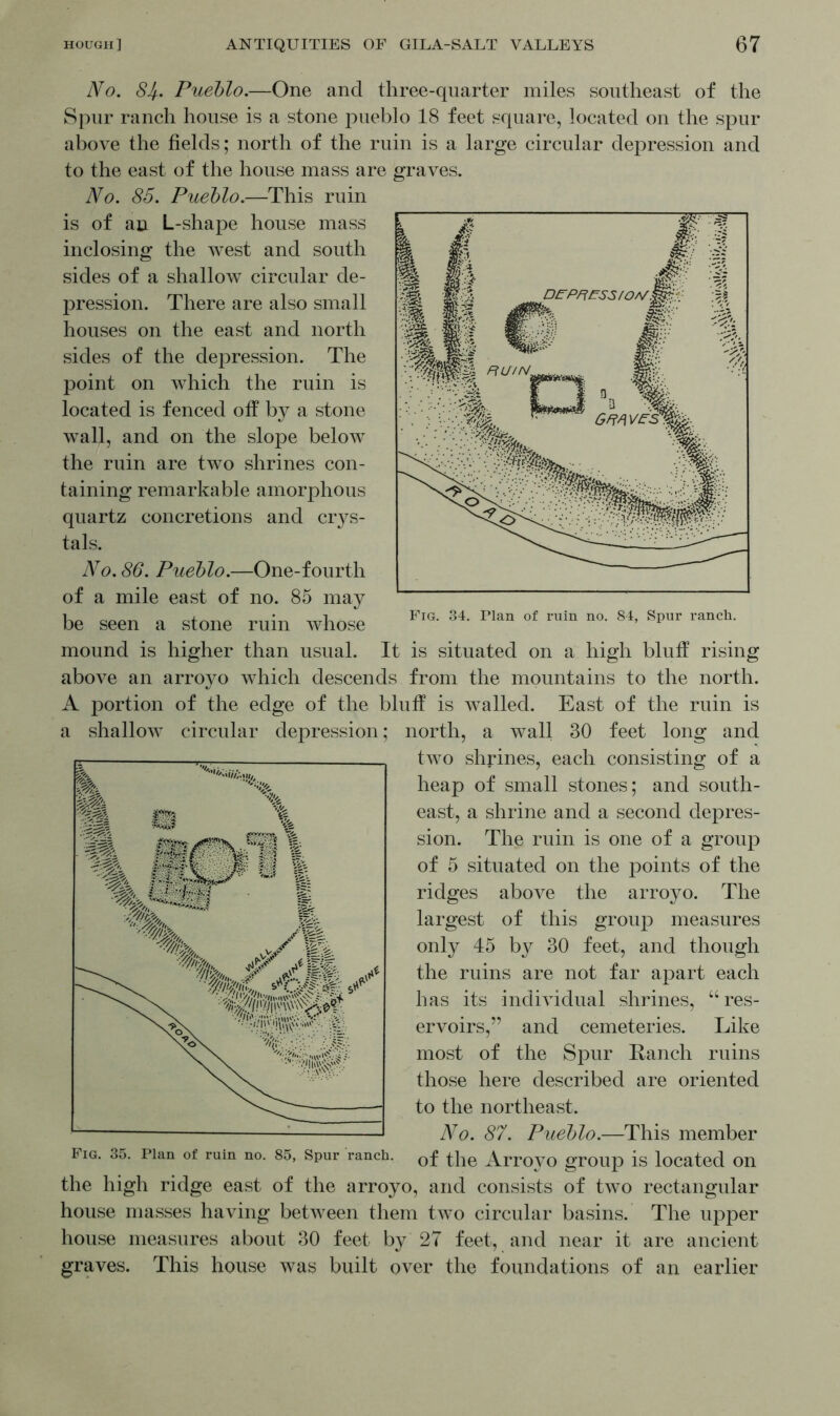 No. 8Jf. Pueblo—One and three-quarter miles southeast of the Spur ranch house is a stone pueblo 18 feet square, located on the spur above the fields; north of the ruin is a large circular depression and to the east of the house mass are graves. No. 85. Pueblo.—This ruin is of an L-shape house mass inclosing the Avest and south sides of a shallow circular de- pression. There are also small houses on the east and north sides of the depression. The point on \Adiich the ruin is located is fenced off by a stone wall, and on the slope below the ruin are two shrines con- taining remarkable amorphous quartz concretions and crys- tals. No. 86. Pueblo.—One-fourth of a mile east of no. 85 may be seen a stone ruin whose mound is higher than usual. It is situated on a high bluff rising above an arroyo which descends from the mountains to the north. A portion of the edge of the bluff is walled. East of the ruin is a shallow circular depression; north, a wall 30 feet long and two shrines, each consisting of a heap of small stones; and south- east, a shrine and a second depres- sion. The ruin is one of a group of 5 situated on the points of the ridges above the arroyo. The largest of this group measures only 45 by 30 feet, and though the ruins are not far apart each has its indi\ddual shrines, “res- ervoirs,” and cemeteries. Like most of the Spur Ranch ruins those here described are oriented to the northeast. No. 87. Pueblo.—This member Fig. 35. Plan of ruin no. 85, Spur ranch. Qf the Arroyo group is located On the high ridge east of the arroyo, arid consists of two rectangular house masses having between them two circular basins. The upper house measures about 30 feet by 27 feet, and near it are ancient graves. This house was built over the foundations of an earlier