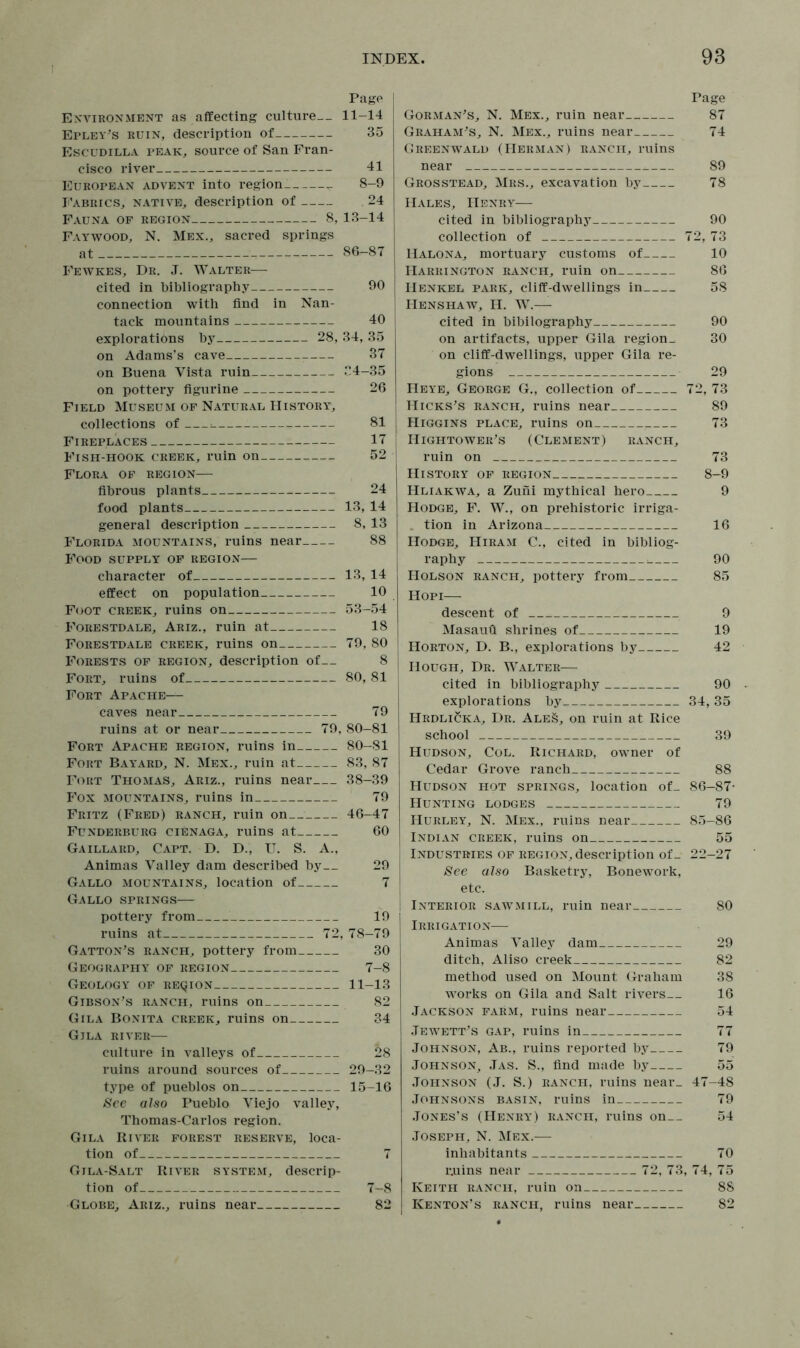 Page Environment as affecting culture— 11-14 Epley’s ruin, description of 35 Escudilla peak, source of San Fran- cisco river 41 European advent into region v 8-9 Fabrics, native, description of 24 Fauna of region 8, 13-14 Faywood, N. Mex., sacred springs at 86—87 Fewkes, Dr. J. Walter— cited in bibliography 90 connection with find in Nan- tack mountains 40 explorations by 28, 34, 35 on Adams’s cave 37 on Buena Vista ruin 34-35 on pottery figurine 26 Field Museum of Natural History, collections of =. 81 Fireplaces 17 Fish-hook creek, ruin on 52 Flora of region— fibrous plants 24 food plants 13, 14 general description 8, 13 Florida mountains, ruins near 88 Food supply of region— character of 13, 14 effect on population 10 Foot creek, ruins on 53-54 Forestdale, Ariz., ruin at 18 Forestdale creek, ruins on 79, 80 Forests of region, description of— 8 Fort, ruins of 80, 81 Fort Apache— caves near 79 ruins at or near 79, 80-81 Fort Apache region, ruins in 80-81 Fort Bayard, N. Mex., ruin at 83, 87 Fort Thomas, Ariz., ruins near 38-39 Fox mountains, ruins in 79 Fritz (Fred) ranch, ruin on 46-47 Funderburg cienaga, ruins at 60 Gaillard, Capt. D. D., U. S. A., Animas Valley dam described by— 29 Gallo mountains, location of 7 Gallo springs— pottery from 19 ruins at 72, 78-79 Gatton’s ranch, pottery from 30 Geography of region 7-8 Geology of region 11-13 Gibson’s ranch, ruins on 82 Gila Bonita creek, ruins on 34 Gila river— culture in valleys of 28 ruins around sources of 29-32 type of pueblos on 15-16 See also Pueblo Viejo valley, Thomas-Carlos region. Gila River forest reserve, loca- tion of 7 Gila-Salt River system, descrip- tion of 7-8 Globe, Ariz., ruins near 82 Gorman’s, N. Mex., ruin near Graham’s, N. Mex., ruins near Greenwald (Herman) ranch, ruins near Grosstead, Mrs., excavation by Hales, Henry— cited in bibliography collection of Halona, mortuary customs of Harrington ranch, ruin on Henkel park, cliff-dwellings in Henshaw, H. W.—- cited in bibliography on artifacts, upper Gila region, on cliff-dwellings, upper Gila re- gions Heye, George G., collection of Hicks’s ranch, ruins near Higgins place, ruins on Hightower’s (Clement) ranch, ruin on History of region Hliakwa, a Zuni mythical hero Hodge, F. W., on prehistoric irriga- tion in Arizona Hodge, Hiram C., cited in bibliog- raphy 1 Holson ranch, pottery from Hopi— descent of Masaufi shrines of Horton, D. B., explorations by Hough, Dr. Walter— cited in bibliography explorations by IIrdlicka, Dr. Ale§, on ruin at Rice school Hudson, Col. Richard, owner of Cedar Grove ranch Hudson hot springs, location of. Hunting lodges Hurley, N. Mex., ruins near Indian creek, ruins on Industries of region, description of. See also Basketry, Bonework, etc. Interior sawmill, ruin near Irrigation— Animas Valley dam ditch, Aliso creek method used on Mount Graham works on Gila and Salt rivers Jackson farm, ruins near Jewett’s gap, ruins in Johnson, Ab., ruins reported by Johnson, Jas. S., find made by Johnson (J. S.) ranch, ruins near. Johnsons basin, ruins in Jones’s (Henry) ranch, ruins on Joseph, N. Mex.— inhabitants ruins near 72, 73, Keith ranch, ruin on Kenton’s ranch, ruins near Page 87 74 89 78 90 86 58 90 30 29 72, 73 89 73 73 8-9 9 16 90 85 9 19 42 90 ■ 34, 35 39 88 86-87- 79 85-86 55 22-27 80 29 82 38 16 54 77 79 55 47-48 79 54 70 , 74, 75 88 82