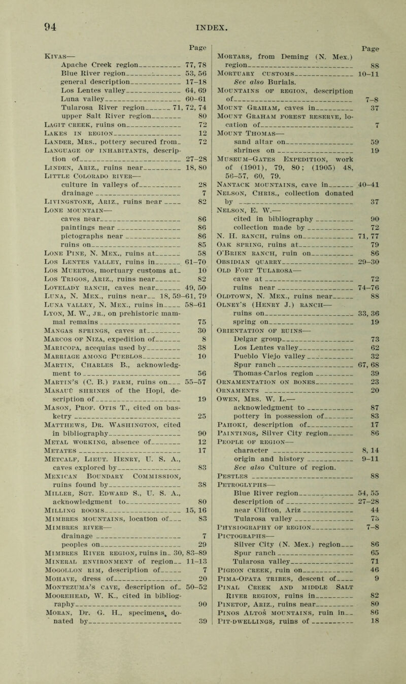 Page Kivas— Apache Creek region 77, 78 Blue River region i. 53, 56 general description 17-18 Los Lentes valley 64, 69 Luna valley 60-61 Tularosa River region 71, 72, 74 upper Salt River region 80 Lagit creek, ruins on 72 Lakes in region 12 Lander, Mrs., pottery secured from_ 72 Language of inhabitants, descrip- tion of 27-28 Linden, Ariz., ruins near 18, 80 Little Colorado river— culture in valleys of 28 drainage 7 Livingstone, Ariz., ruins near 82 Lone mountain— caves near 86 paintings near 86 pictographs near 86 ruins on 85 Lone Pine, N. Mex., ruins at : 58 Los Lentes valley, ruins in 61-70 Los Muertos, mortuary customs at_ 10 Los Trigos, Ariz., ruins near 82 Lovelady ranch, caves near 49, 50 Luna, N. Mex., ruins near 18, 59-61, 79 Luna valley, N. Mex., ruins in 58-61 Lyon, M. W., jr., on prehistoric mam- mal remains 75 Mangas springs, caves at : 30 Marcos of Niza, expedition of 8 Maricopa, acequias used by 38 Marriage among Pueblos 10 Martin, Charles B., acknowledg- ment to 56 Martin's (C. B.) farm, ruins on 55-57 MasauO shrines of the Hopi, de- scription of 19 Mason, Prof. Otis T., cited on bas- ketry 25 Matthews, Dr. Washington, cited in bibliography 90 Metal working, absence of 12 Metates 17 Metcalf, Lieut. Henry, U. S. A., caves explored by 83 Mexican Boundary Commission, ruins found by 38 Miller, Sgt. Edward S., U. S. A., acknowledgment to 80 Milling rooms 15, 16 Mimbres mountains, location of 83 Mimbres river— drainage 7 peoples on 29 Mimbres River region, ruins in_ 30, 83-89 Mineral environment of region__ 11-13 Mogollon rim, description of 7 Mohave, dress of 20 Montezuma's cave, description of_ 50-52 Moorehead, W. K., cited in bibliog- raphy 90 Moran, Dr. G. IL, specimens, do- nated by 39 Page Mortars, from Deming (N. Mex.) region 88 Mortuary customs 10-11 See also Burials. Mountains of region, description of 7-8 Mount Graham, caves in 37 Mount Graham forest reserve, lo- cation of 7 Mount Thomas— sand altar on 59 shrines on 19 Museum-Gates Expedition, work of (1901), 79, 80; (1905) 48, 56-57, 60, 79. Nantack mountains, cave in 40-41 Nelson, Chris., collection donated by 37 Nelson, E. W.— cited in bibliography 90 collection made by 72 N. H. ranch, ruins on 71, 77 Oak spring, ruins at 79 O’Brien ranch, ruin on 86 Obsidian quarry 29-30 Old Fort Tularosa— cave at 72 ruins near 74-76 Oldtown, N. Mex., ruins near 88 Olney’s (Henry J.) ranch— ruins on 33, 36 spring on 19 Orientation of ruins— Delgar group 73 Los Lentes valley 62 Pueblo Viejo valley 32 Spur ranch 67, 68 Thomas-Carlos region 39 Ornamentation on bones 23 Ornaments 20 Owen, Mrs. W. L.— acknowledgment to 87 pottery in possession of 83 Pahoki, description of 17 Paintings, Silver City region 86 People of region— character 8, 14 origin and history 9-11 See also Culture of region. Pestles 88 Petroglyphs— Blue River region 54, 55 description of 27-28 near Clifton, Ariz 44 Tularosa valley 73 Physiography of region 7-8 Pictographs— Silver City (N. Mex.) region 86 Spur ranch 65 Tularosa valley 71 Pigeon creek, ruin on 46 Pima-Opata tribes, descent of 9 Pinal Creek and middle Salt River region, ruins in 82 Pinetop, Ariz., ruins near 80 Pinos Altos mountains, ruin in 86 Pit-dwellings, ruins of 18