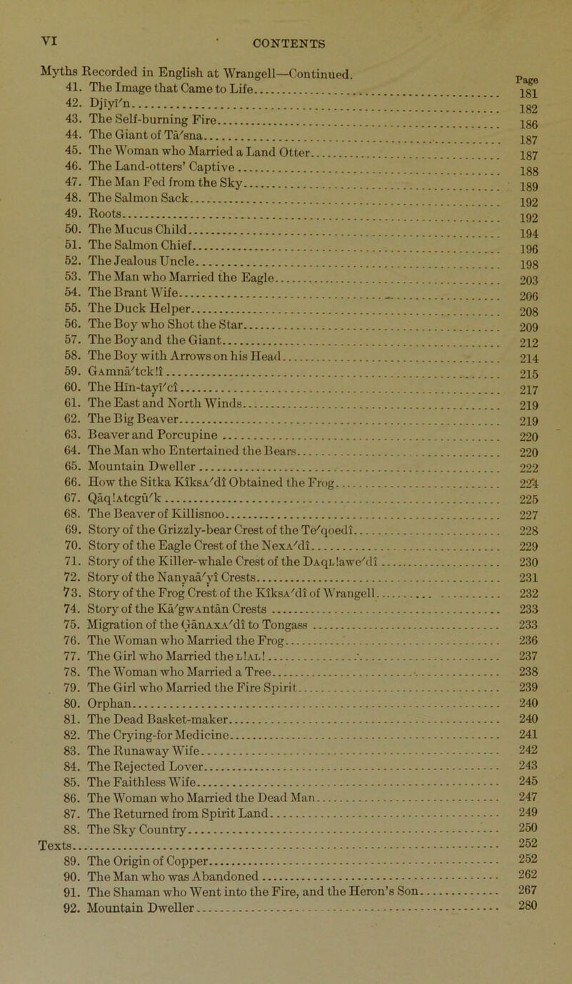 Myths Recorded in English at Wrangell—Continued. ^ 41. The Image that Came to Life 42. Djiyi'n j^g2 43. The Self-burning Fire jgg 44. The Giant of Ta'sna 2gy 45. The Woman who Married a I.and Otter 137 46. The Land-otters’ Captive Igg 47. The Man Fed from the Sky Igg 48. The Salmon Sack 192 49. Roots 192 50. The Mucus Child I94 51. The Salmon Chief igg 52. The Jealous Uncle igg 53. The Man who Married the Eagle 203 54. The Brant Wife 206 55. The Duck Helper 208 56. The Boy who Shot the Star 209 57. The Boy and the Giant 212 58. The Boy with Arrows on his Head 214 59. GAmna'tckli 215 60. The Hin-taj'Fcl 217 61. The East and North W’inds 219 62. The Big Beaver 219 63. Beaver and Porcupine 220 64. The Man who Entertained the Bears 220 65. Mountain Dweller 222 66. How the Sitka Kiks.v'dt Obtained the Frog 224 67. QaqlAtcgu''k 225 68. The Beaver of Killisnoo 227 69. Story of the Grizzly-bear Crest of the Te'qoedi 228 70. Storyof the Eagle Crest of the NexA'dl 229 71. Storyof the Killer-whale Crest of the DAqLlaweMi 230 72. Story of the Nanyaa'vl Crests 231 73. Story of the Frog Crest of the KlksA'di of Wrangell 232 74. Story of the Ka'gwAntan Crests 233 75. Migration of the GanAx.\'di to Tongass 233 76. The Woman who Married the Frog 236 77. The Girl who Married the l!al! • 237 78. The Woman who Married a Tree ■- 238 79. The Girl who Married the Fire Spirit 239 80. Orphan 240 81. The Dead Basket-maker 240 82. The Crying-for Medicine 241 83. The Runaway Wife 242 84. The Rejected Lover 243 85. The Faithless Wife 245 86. The Woman who Married the Dead Man 247 87. The Returned from Spirit Land 249 88. The Sky Country 250 Texts 252 89. The Origin of Copper 252 90. The Man who was Abandoned 262 91. The Shaman who Went into the Fire, and the Heron’s Son 267 92. Mountain Dweller 280