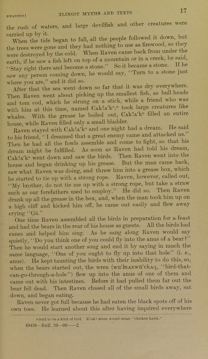 S WANTON'] the rush of waters, and large devilfish and other creatures were ''wh^'^the^tide began to fall, all the people followed it down, but the trees were gone and they had nothing to use as firewood, so they were destroyed by the cold. When Raven came back from under the earth, if he saw a fish left on top of a mountain or m a creek, he said, “Stay right there and become a stone.” So it became a stone. It he saw any person coming down, he would say, “Turn to a stone just where you are,” and it did so. . , i After that the sea went down so far that it was dry everywhere. Then Raven went about picking up the smallest fish, as bull heads and tom cod, which he strung on a stick, while a friend who was with him at this time, named CAk!A'k^“ took large creatures like whales. With the grease he boiled out, CAklVk filled an entire house, while Raven filled only a small bladder. Raven stayed with CAklA'k and one night had a dream. He said to his friend, “I dreamed that a great enemy came and attacked us. Then he had all the fowls assemble and come to fight, so that his dream might be fulfilled. As soon as Raven had told his dream, CAklA'k went down and saw the birds. Then Raven went into the house and began drinking up his grease. But the man came back, saw what Raven was doing, and threw him into a grease box, which he started to tie up with a strong rope. Raven, however, called out, “My brother, do not tie me up with a strong rope, but take a straw such as our forefathers used to employ.” He did so. Then Raven drank up all the grease in the box, and, when the man took him up on a high chff and kicked him off, he came out easily and flew away crying “Ga.” One time Raven assembled all the birds in preparation for a- feast and had the bears in the rear of his house as guests. All the birds had canes and helped him sing. As he sang along Raven would say quietly, “Do you think one of you could fly into the anus of a bear?” Then he would start another song and end it by saying in much the same language, “One of you ought to fly up into that hole (i. e., anus). He kept taunting the birds with their inability to do this, so, when the bears started out, the wren (wu'hiAxwu'ckAq, “bird-that- can-go-through-a-hole”) flew up into the anus of one of them and came out with his intestines. Before it had pulled them far out the bear fell dead. Then Raven chased all of the small birds away, sat down, and began eating. Raven never got full because he had eaten the black spots off of his own toes. He learned about this after having inquired everywhere a Said to bo a kind of bird. KlAk alone would mean “chicken hawk, 49438—Bull. 39—09 2