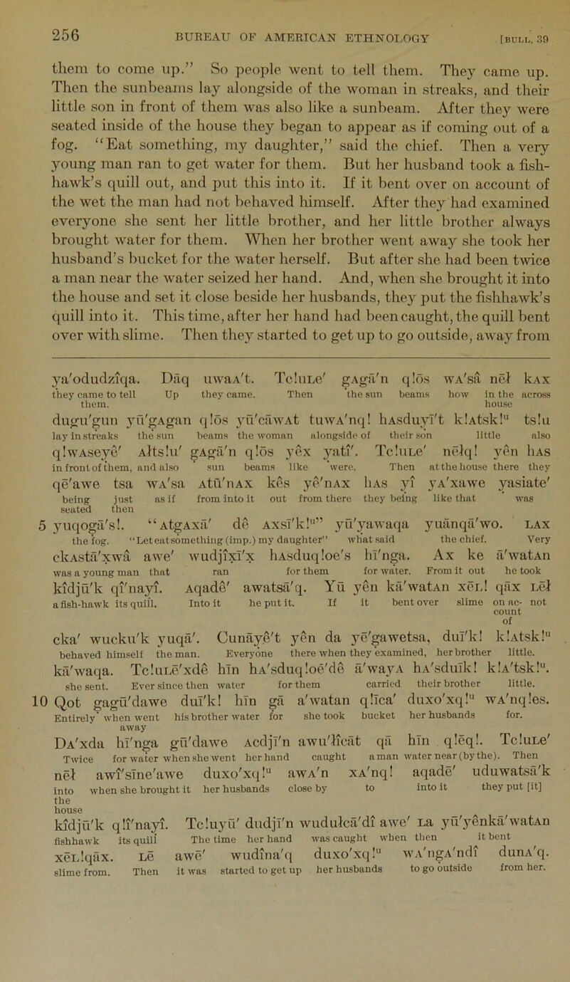 tliem to come up.” So people went to tell them. They came up. Then the sunbeani.s lay alongside of the woman in streaks, and their little son in front of them was also like a sunbeam. After they were seated inside of the house they began to appear as if coming out of a fog. “Eat sometliing, my daughter,” said the chief. Then a very young man ran to get water for them. But her husband took a fi.sh- hawk’s quill out, and put this into it. If it bent over on account of the wet the man had not behaved himself. After they had examined everyone she sent her little brother, and her little brother always brought water for them. AVlien her brother went away she took her husband’s bucket for the water herself. But after she had been twice a man near the water seized her hand. And, when she brought it into the house and set it close beside her husbands, they put the fishhawk’s quill into it. This time, after her hand had been caught, the quill bent over with slime. Then they started to get up to go outside, away from ya'odudziqa. they carae to tell them. Daq Up uwaA't. they came. Tclune' Then ^Agii n the sun q :os beam.s wA'sa nel kAx how In the acroas hou.se dugu'giin yu'gAgan t(!os 3’u'cawAt tuwA'nq! hAsduyi't klAt.sk! tsiu lay In streaks the sun beams the woman alongside of their son little also qlwAseye' Altslu' ^Agil'n qlos yex yati'. TciuLe' nelql yen liAS in front of them, and al.so sun beams like were. Then liAs yi they being like that yuanqti'wo. qe'awe tsa wA'sa Atu'iiAX kes ye'riAx being ju.st as if from into it out from there seated then 3'uqogtl's!. “AtgAXiV de AxsI'kl” 3Ti'yawaqa the fog. “Leteatsomething (imp.) my daughter” what said the chief. ckAsta'xwa awe' wudjixl'x liAsduqloe's liT'nga. Ax ke ran for them for water. From it out Yu 3'en ka'watAii xen! If it bent over slime atthe house there they yA'xawe yasiate' was a young man that kidju'k qi'nayi. a fish-hawk its quill. Aqade' awatsii'q. Into it he put it. LAX Very a'watAii he took qax Lcl on ac- count of not cka' wucku'k yuqa'. Cunaye't yen da ye'gawetsa, dui'k! klAtsk! his brother water for she took bucket her husbands for. ka'waqa. TcluLo'xde bin hA'.sduqloe'de a'way a liA'sduik! klA'tskl. she sent. Ever since then water for them carried their brother little. 10 Qot gagu'dawe dui'k! bin ga a'watan q!lca' duxo'xq! wA'nq!es Entirely when went away DA'xda bl'n^a gu'dawe Acdjl'n Ttvice for water when she went her hand nel awi'sTne'awe duxo'xti! into when she brought it her husbands the house kidja'k q!i'na3U. Tc!uyu' dudji'n wiidulcii'di awe' ua yu'ygnka'watAn flshhawk its qulli The time her hand was caught when then it bent Le awe' wudina'q duxo'xti! wA'ngA'ndi duiiA'q. Then it was started to get up her husbands to go outside from her. xeidqax. awu'Kcat qa bln q!eq!. Tc!uLe' caught a man water near (by the). Then awA'n XA'nq! aqade' uduwatsa'k close by to into it they put [it] slime from.