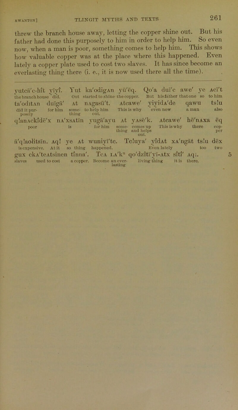 threw the branch house away, letting the copper sliine out. But his father had done tliis purposely to liiin in order to help him. So even now, when a man is poor, sometliing comes to help liim. This shows how valuable copper was at the place where tliis happened. Even lately a copper plate used to cost two slaves. It has since become an everlasting thing there (i. e., it is now used there all the time). vutcu'c-hit juyi. Yut ka'odigAii 3’u'eq. Qo'a dui'c awe' ye Aci't the branch hoMe'did. Out started to .shine the copper. But hi.s father that one so to him ta'oditAn duiga' At nAgasii't. Atcawe' 3uyidA'de qawu ts!u did it pur- posely for him some- thing to help him out. This is why even now a man also (ilanAckide'x nA'xsAtln 3mgfi'ayii At 3’Ase'k. Atcawe' he'nAxa eq poor is for him some- comes up This is why thing and helps there cop- per out. a'q!aolitsIn. Aq! 3’e At wuniyi'tc. Tclu3^!i' yidAt xA'ngiit ts!u dex is expensive. At it so thing happened. Kven lately too two gux ckA'teAtsinen tiniia'. Tca i.A'k’* qo'dzitr3U-Atx siti' Aqi. 5 slaves used to cost a copper. Become an ever- living thing it is there. iastiug