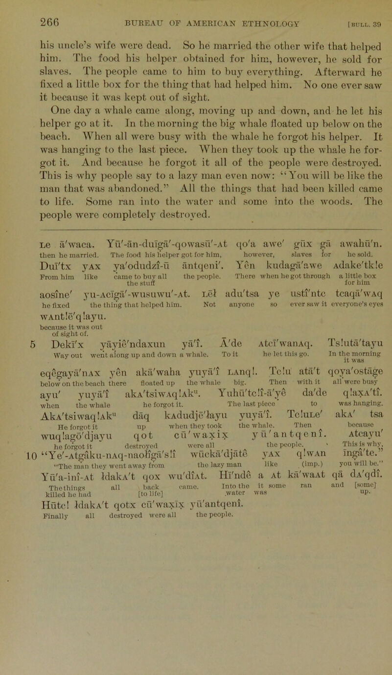 his uncle’s wife were dead. So he married the other wife that helped him. The food his helper obtained for him, however, he sold for slaves. The people came to him to everything. Afterward he fixed a little box for the thing that had helped him. No one ever saw it because it was kept out of sight. One day a whale came along, moving up and down, and he let his helper go at it. In the morning the big whale floated up below on the beach. When all were busy with the whale he forgot his helper. It was hanging to the last piece. AVhen the}’' took up the whale he for- got it. And because he forgot it all of the people were destroyed. This is why people say to a lazy man even now: “You will be like the man that was abandoned.” All the things that had been killed came to life. Some ran into the water and some into the woods. The people were completelj^ destroyed. Le fi'waca. Yu'-an-duTga'-qowasu'-At tio'a awe' gux ^a awahu'n. then ho married. Tiie food his lielper got for him, however, slaves for he sold. Dul'tx 3’^AX ya'odudzi-u antqeni'. Yen kudaga'awe Adake'tlde From him like came to buv all the people. There when he got through a little box the stuff for him aosine' yu-AcTga'-wusuwu'-At. Eel adu'tsa ye usti'ntc tcaqfi'wAq he fixed the thiiig that helped him. Not anyone so ever saw it everyone’s eyes wAntle'qlayu. because it was out of sight of. _ 5 Dekl'x yayie'ndaxun ya'i. A'de AtcI'wanAq. Ts.'uta'tayu Way out went along up and down a whale. To it he let this go. In the morning it was eqegaya'iiAX yen aka'waha yuya'i LAnq!. Tc!u ata't below on the beach there floated up the whale big. Then with it ayu' yuya'i akA'tsiwAqlAk. Yuhu'tc!i-a'ye da'de when the whale he forgot it. The last piece to AkA'tsiwaqiAk daq IcAdudje'layu yuyfi'i. TcluLe' He forgot it up when they took the whale. Then ^ wuqlago'cljayu qot cu'waxix yfi'antqeni. he forgot it destroyed were all _ _ the people. 10 “Ye'-Atgaku-nAq-naoliga's!i wucka'djate yAx q'wAii “The man they went away from the lazy man like (imp.) Yu'a-ini-At IdakA't qox wu'diAt. Hl'ndo. a At ka'waAt Thethings all back came. Into the it some ran killed he had [to life] .water wan Hutc! IdakA't qotx cu'waxTx yu'antqeni. Finally all destroyed were all the people. qoya'ostage all were busy qIaxA'ti. was hanging. akA' tsa becau.se Atcayu' This is why, Inga'te.” you will be.” qii dA'qdi. and [somej up.