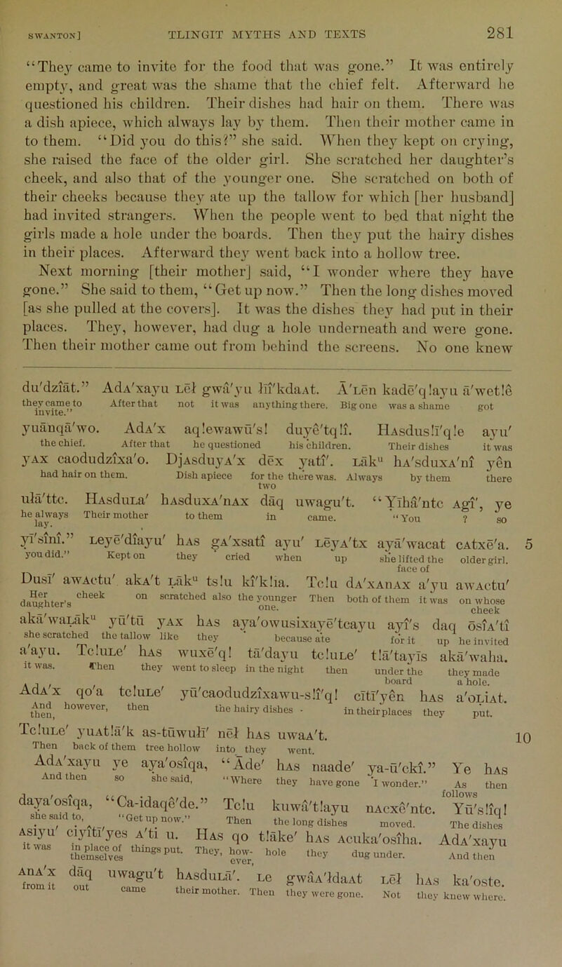 “Thej^ carao to invite for the food that was gone.” It was entirely empty, and groat was the shame that the chief felt. Afterward he questioned his children. Their dishes had hair on them. There was a dish apiece, which alwaj's lay by them. Then their mother came in to them. “Did j’ou do this?” she said. When tliej^ kept on crying, she raised the face of the older girl. She scratched her daughter’s cheek, and also that of the younger one. She scratched on both of their cheeks because they ate up the tallow for which [her husband] had invited strangers. When the people went to bed that night the girls made a hole under the boards. Then the}^ put the hairy dishes in their places. Afterward the}'^ went back into a hollow tree. Next morning [their mother] said, “I wonder where they have gone.” She said to them, “ Get up now.” Then the long dishes moved [as she pulled at the covers]. It was the dishes they had put in their places. The}', however, had dug a hole underneath and were gone. Then their mother came out from behind the screens. No one knew du'dziat.” AdA'xayu Lei gwa'yu In'kdaAt. ATen kade'qlayu a'wetle theyeameto After that not it was anything there. Big one was a shame got invite.” ° yuanqa'wo. AdA'x aqlewawu's! duye'tqli. HAsdusli'qle ayu' the chief. After that he questioned his children. Their dishes itWas }'AX caodudzixa'o. DjAsduyA'x dex yati'. Lak“ hA'.sduxA'ni yen Dish apiece for the there was. Always by them there had hair on them. HAsduLa' Their mother two hAsduxA'iiAx daq uwagu't. to them in came. ula'ttc. he always lay. yi Sim.” you did.” Dusf awActu' akvt Lak“ ts!u ki'klia. on “ Yiha'ntc “ You Agl, ? ye so Leye'diayu' hAS gA'xsati ayu' LeyA'tx Kept on they cried when up scratched also the younger one. aya'wacat .she lifted the face of Tclu dA'xAiiAx a'yu Then both of them it was Her cheek daughter’s aka'waLTik*' yu'tu yAx Has aya'owusixaye'tcayu ayi's daq osfA'ti she scratched the tallow like they because ate for it up he invited CAtxe'a. older girl. awActu' on whose cheek — A a ayu. it was. TcluLe' Chen hAS they wuxe'q! ta'dayu tcluLe' tla'tayls aka'waha. went to sleep in the night then AdA'x qo'a tcluLe And however, then then, TcluLe' yuAtla'k as-tuwuJi' Then back of them tree hollow AdA'xayu ye And then so under the board yu'caodudzixawu-s!i'q! cltl'yen Has the hairy dishes • in their places they they made a hole. a'oLlAt. put. nol Has uwaA't. aya'osiqa, she said, into tliey “Ade' ‘' Where went. Has naade' they have gone 10 ya-u'cki.” I wonder.” daya'osiqa, “ Ca-idaqg'de. ” she said to, “Get up now.” Ye As follows hAS then Asiyu' it was aua'x from it ciyitl'yes A'ti u. in place of things put. themselves uAcxe'ntc. moved. Tc!u kuwa'tlayu Then the long dishes Has qo t!ake' hAs Acuka'osiha. They, how- hole they dug under, ever, daq uwagu't hAsduLfi'. Le gwiiA'IdaAt loI Iias ka'oste out came their mother. Then they were gone. Not they knew whcrj. Yu'sliql The dishes AdA'xayu And then