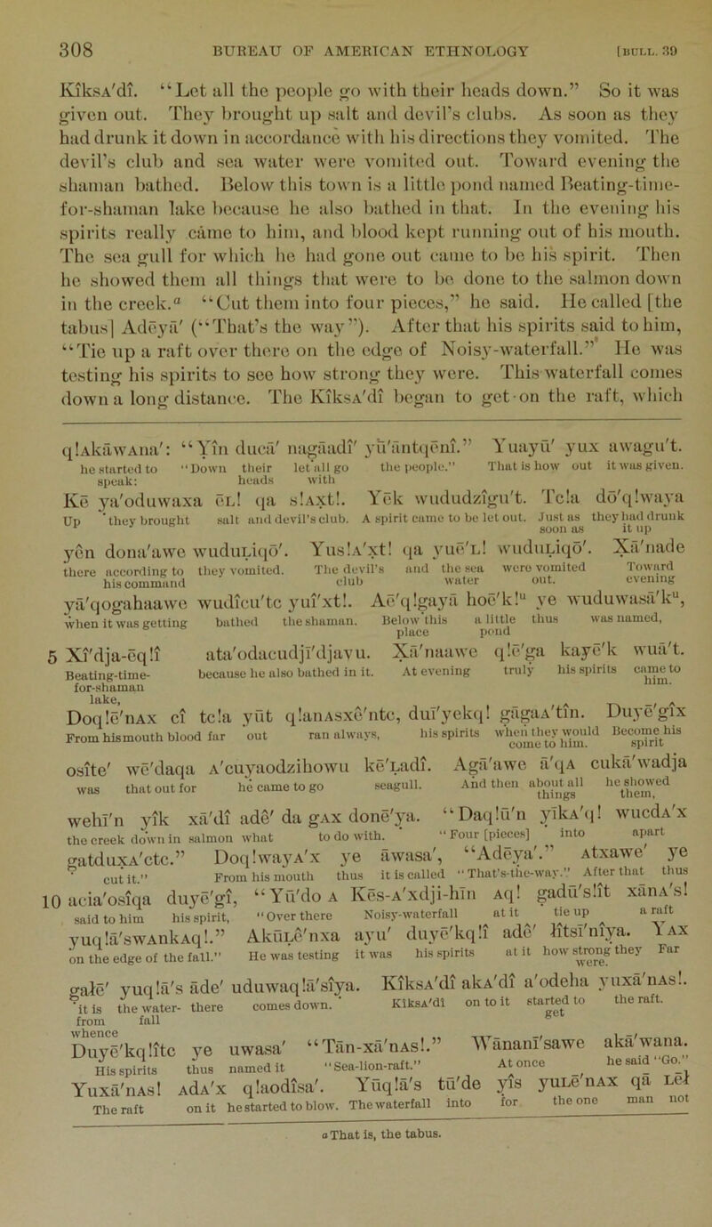 luksA'di. “Let all the people with their heads down.” So it was given out. They brought up salt and devil's club.s. As soon as they had drunk it down in accordance with his directions they vomited. The devil’s club and sea water were vomited out. Toivard evening the shaman bathed. Below this town is a little pond named Beating-time- for-shaman lake because he also bathed in that. In the evening his spirits really came to him, and blood kept running out of his mouth. The sea gull for which he had gone out came to be his spirit. Then he showed them all things that were to be done to the .salmon down in the creek.“ “Cut them into four pieces,” he said. He called [the tabus] Adeya' (“That’s the way”). After that his spirits said to him, “Tie up a raft over tluu’o on the edge of Nois3'-waterfall.” He was testing his spirits to see how strong the}' were. This waterfall comes down a long distance. The IviksA'di began to get-on the raft, which qlAkfiwAna'; he startod to “Yin duca ‘ Down their head.s iiiigaadi' let all go with 8|>euk Ke ya'oduwaxa cl! tja slAxt!. Up they brought salt and devil’s club. yu'fmtqem.” Yuayu' yux awagu't. the people.” That is how out it was given. Yck wududzigu't. Tc!a do'qlwai'a A spirit came to be let out. Just as they had druuk soon as it up YuslA'xt! qa v'uc'l! wuduLiqo'. Xfi'nade The devil’s and the sea were vomited Toward club water out. evening ya'qogahaawe wudicu'tc 3’Ul^xt!. Ae't^lgaj’a hoe'k!“ 5'cn dona'awe wuduidqo'. there according to they vomited, his command ve wuduwasa'k“, Below this a little place pond ata'odacudji'djavu. Xa'naawe because he also bathed in it. \vhen it was getting bathed the shaman. 5 Xi'dja-6q!i Beating-time- for-ahaman lake, thus was named, qlc'ga At evening truly kaye'k his spirits wua't. came to him. Do(i!c'nAx Cl tc!a yut qIanAsxc'ntc, dul'yekti'. gagtiA'tin. Duye'gix Fromhlsmouth blood far out ran always, his spirits “‘^‘LpTrit*'“ osite' wc'daqa A'cuyaodzihowu ke'uadi was that out for he came to go seagull. Agfi'awe fi'qA cuka'wadja And then about nil he showed things them, wehl'n yik xfi'dt adS'da gAx done'ya. “DaqlQ'n yIk.Cq! wuedA'x the creek down in .salmon what to do with.  “ Four [piece.s] into apart o-alduxA'ctc.” Do(i!wa}'A'x ye awasa', “Adeya'.” Atxawe 3'e it o From his mouth thus it is called ” That’s-the-way.” After that thus 10 acia'osiqa duye'gi, said to him his spirit, yuqlii'swAnkAq!.” on the edge of the fall.” “ Yu'do A “Over there AkuLc'nxa He was testing gale' yuqia's ade' uduwaqia'siya. there comes down. Kes-A'xdji-hm Aq! gadu'slit x’duA's! Noisy-waterfall at it tie up a rait avu' duye'kqli ade' litsl'niya. \ax it*was his spirits at it how strong they Far were. KiksA'di akA'di a'odeha KlksA'dl on to it started to get vuxa'uAs!. the raft. ‘ it is the water- from fall Duye'kqlitc }'e uwa.sa' “Tan-xa'uAs!. anani sawe Hisspirits thus named it “Sea-lion-raft.” At once ^ ^ Yuxa'uAsl AdA'x qlaodisa'. Yuqia's tu'de yis yuLe uax qa Lei The raft on it he started to blow. The waterfall into for the one man not akii'wana. he said Go.” oThat is, the tabus.