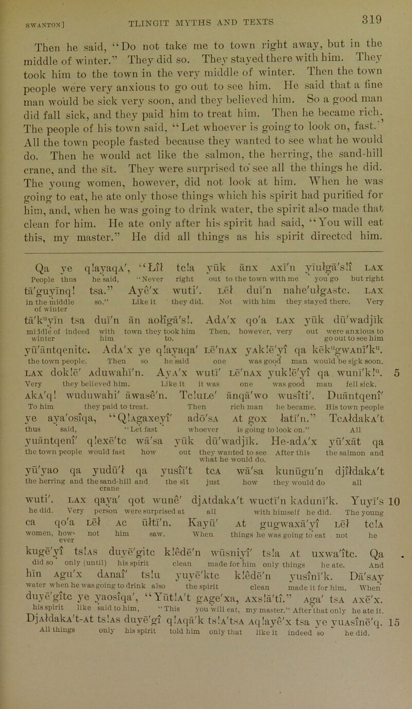 Then he said, “Do not take me to town right away, but in the middle of winter.” They did so. They stayed there with him. They took him to the town in the very middle of winter. Then the town people were very anxious to go out to see him. He .said that a fine man would bo sick very soon, and they believed him. So a good man did fall sick, and they paid him to treat him. Then he became rich.^ The people of his town .said, “Let whoever is goingto look on, fast.’ All the town people fa.sted becau.se they wanted to see what he would do. Then he would act like the .salmon, the herring, the .sand-hill crane, and the .sit. The}’ were surprised to’see all the things he did. The 3’oung women, however, did not look at him. hen he was going to eat, he ate only those things which his spirit had purified for him, and, when he was going to drink water, the spirit aLo made that clean for him. He ate only after his spirit had said, “You will eat this, my master.” He did all things as his spirit directed him. qlayaqA', he 'said, tsa.” so.” dul'n an aoiio-fi's!. Qa ye People thus ta'guyinq! in the middle of winter ta'k'’yln tsa middle of indeed winter yu'antqenitc. the town people. LAX dokle' Aduwalu'n. Very they believed him. “Lil Never Aye'x Like it tela 3’uk anx Axi'n ylulga'sli lax right out to the town with me  you'go but right wuti'. Lcl dui'n nahe'ulgAstc. lax they did. Not with him they stayed there. Very with him town they took him to. I. AdA'x qo'a lax Then, however, very 3’uk du'wadjik out were anxious to go out to see him ■VdA'x ye Then so q:a3’aqa he said one Ava'x WUtT' Like it it was Lc'iiAX 3’Ak!e'yi qa kt'k^gwAnl'k”. was good man would be sipk soon. Lc'iiAx yukle'yi qa wunl'k!“. one was good man fell sick. AkA'q! wuduwahi' awase'n. To him they paid to treat. 3'e aya'osiqa, “QlAgaxe}’! thus said, “Let fast yufmtqem' qlexe'tc wfi'.sa the town people w'ould fast how TcIulc' Then ado'sA whoever anqa'wo wusfti'. rich man he became. At gox latl'ii.” is going to look on.” He-adA'x After this Duantqeni' His town people TcAldakA't All 3’u'xat qa the salmon and yu'yao wa'sa how kunugu'n djildakA't they would do all 3’uk du'wadjik out they wanted to see what he would do. qa yudu'l qa yusn't tcA the herring and the sand-hill and the sit just crane wuti'. LAX qaya' qot wune' djAtdakA't wuctl'n kAdunl'k. Yu3d's 10 he did. Very person were surprised at all with himself he did. The young ca qo'a Lei ac ulti'n. Kajnl' At gugwaxa'yi Lei tciA women, how- not him saw. When things he was going to eat not he ever © tslAS din’e'gitc klede'n Avusniyi' ts!a At uxwa'itc. Qa did so only (until) his spirit clean made for him only things he ate. And bin Agu'x dAnai' ts!u yuye'ktc klede'u yusinl'k. Da'sAy water when he wasgoing to drink also the spirit clean made it for him. When duyc'gitc ye yaosiqa', “YutU't gAge'xa, Axsla'ti.” Aga' La Axe'x. his spirit like Lid to him, This you will eat, my master.” After'that only he ate it. DjAfdakA t-At tsiA.s du3’e'gi qlAqil'k tslA't.sA Aqlaye'x La ve 3’UAsine'q. 15 All things only his spirit told him only that like it indeed 'so ' he did.