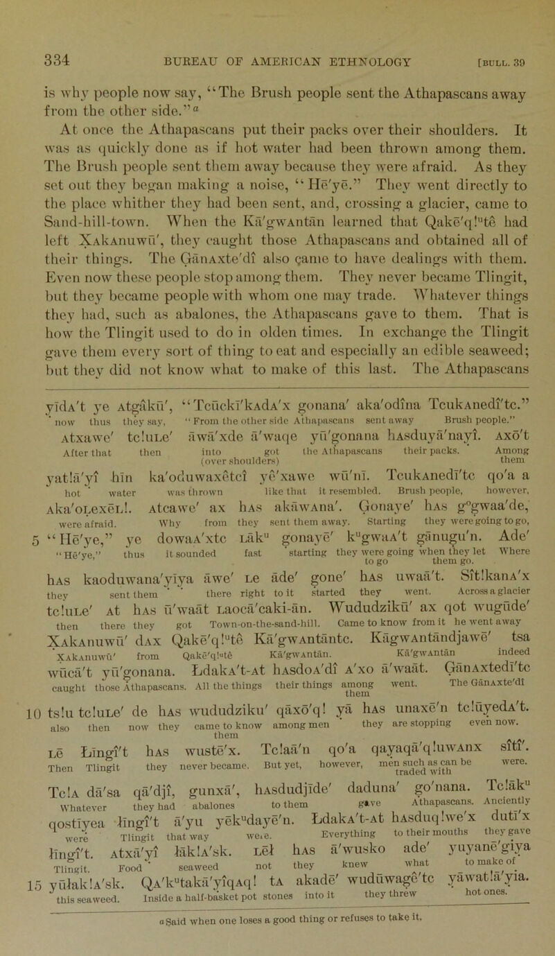 is wh\' people now saj% “The Brush people sent the Athapascans away from the other side.”“ At once the Athapascans put their packs over their shoulders. It was as (juickly done as if hot water had been thrown among them. The Brush people sent them away becau.se they were afraid. As they .set out they began making a noise, “ Ile'ye.” They went directly to the place whither they had been .sent, and, crossing a glacier, came to Sand-hill-town. When the Kfi'gwAntan learned that Qake'q!“te had left XAkAnuwfi', they caught those Athapascans and obtained all of their things. The GaiiAxte'di al.so game to have dealings with them. Even now these people stop among them. They never became Tlingit, but they became people with whom one may trade. Whatever things they had, such as abalones, the Athapascans gave to them. That is how the Tlingit u.sed to do in olden times. In exchange the Tlingit gave them every sort of thing to eat and especially an edible .seaweed; but they did not know what to make of this last. The Athapa.scans yIdA't ye Atgiiku', “Tcuckl'kAdA'x gonana' aka'odma TcukAnedi'tc.” ’ now thus they say,  From tlie other side Athapa.scaim sent away Brush people.” Atxawe' After that tcluLe' awa'xde a'watje yu'gonana hAsduya'nayi. then into got the Athapascans their packs. 3’atla'yi hin hot water Aka'oLexei.!. were afraid. “ Ile'ye,” 3'e “He'ye,” thus (over shoulders) ka'oduwaxctci yc'xawe wius til row n Atcawe' ax Why from dowaA'xtc it sounded AXO't Among them wfi'iiT. TcukAnedi'tc qo'a a like that it resembled. Brush people, however, liAs akawAiia'. Goriaye' liAs ggwaa'de, they sent them away. Starting they weregoingtogo, Lfik'' gonaye' k'^gwiiA't giinugu'n. Ade' fast ’ starting they were going when they let Where to go them go. hAs kaoduwana'yiya iiwe' Le tide' gone' hAs uwatl t. SitlkaiiA x they sent them ' ‘ there right toll .started they went. Across a glacier tcluLe' At hAs u'waat Laoca'caki-fin. Wududziku' ax qot wugilde' then there they got Town-on-the-sand-hill. Came to know from it he went away XAkAnuwu' dAX Qake'q!“te Ka'gWAntantc. KagwAntandjawe' tsa XAkAiiuwu' from Qake'q!tfi Ka'gwAntiin. Kii'gwAntan indeed wuca't yu'gonana. EdakA't-At liAsdoA'di a'xo tX'waat. GilnAxtedi tc caught those Athapascans. All the things their things among went. The GanAxte'dt 10 ts!u tcluLe' de Iias wududziku' qaxo'q! ya Has unaxe'n tcluyedA't. then now they came to know among men ' they are stopping even now. them ^ wuste'x. no'a. oavaoa oluwAnx siti. also Le Llngi't Then Tlingit hAS they Tclail'n never became. But yet. qo'a qayaqa'qluwAnx however, men such as can be traded with Tc!a dfi'sa qa'dji, gunxa', liAsdudjlde' daduna' go'nana. Whatever they had abalones to them g«ve Athapascans. qo.stlyea Ilngi't a'yu yek''da}^e'u. LdakA't-At IiAsduqlwe'x • Tlingit that way we.e. Everything to their mouths iaklA'sk. Lei hAs a'wusko ade' what knew were lingi't. Atxa'yi Tlingit. Food ’ seaweed not they ^ ^ 15 yulaklA'sk. QA'k“taka'yiqAq! tA akade' wuduwago'tc this seaweed. Inside a half-bMket pot stones into it they threw ^ oSaid when one loses a good thing or refuses to take it. Tc!ak“ Anciently dutl'x they gave yuyane'giya to make of yawatla'yia. hot ones.