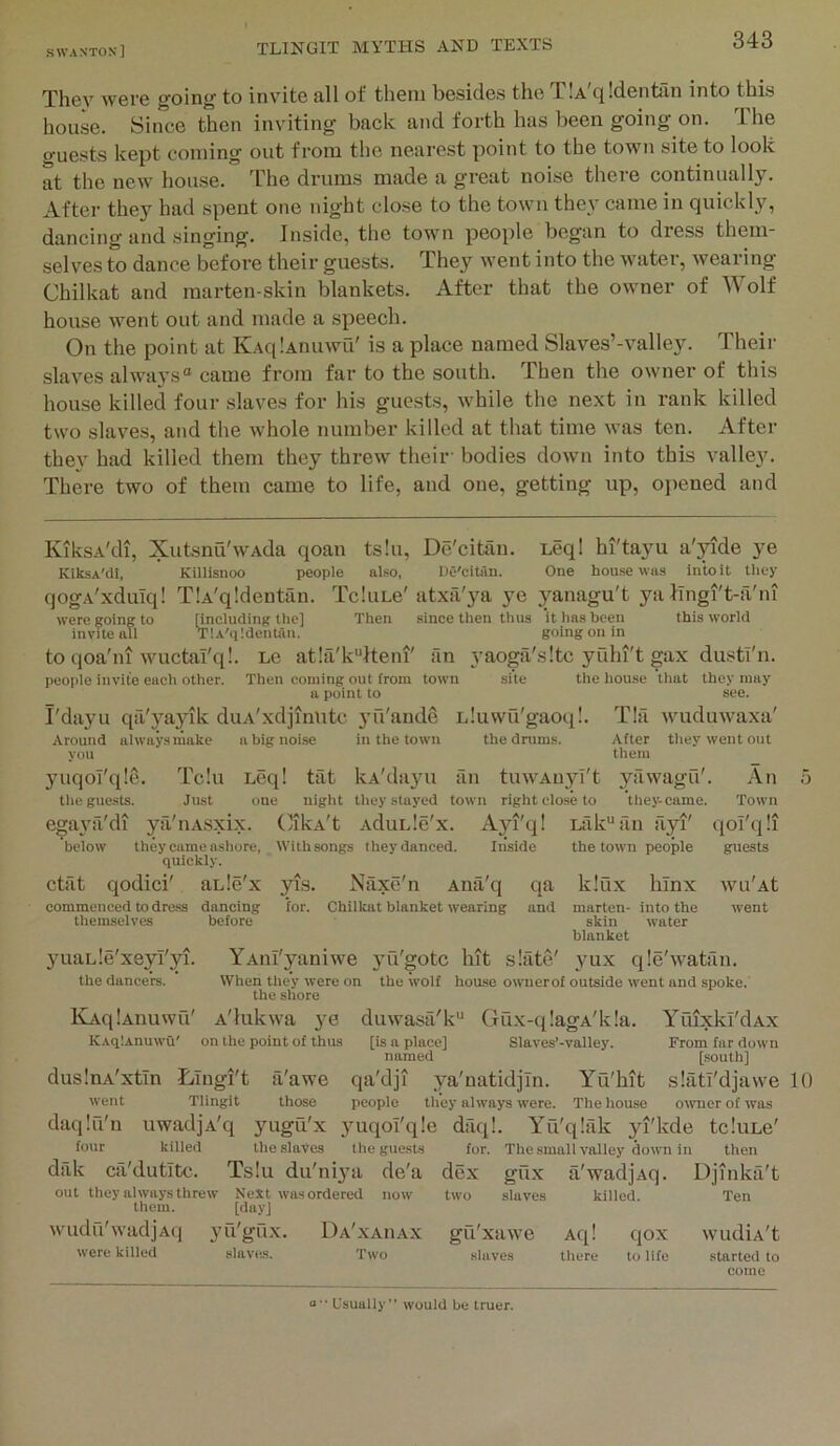 They were going to inv4te all of them besides the TlA'qldentiln into this house. Since then inviting back and forth has been going on. The guests kept coming out from the nearest point to the town site to look at the new house. The drums made a great noise there continually. After they had spent one night close to the town they came in quickly, dancing and singing. Inside, the town people began to dress them- selves to dance before their guests. They went into the water, wearing Chilkat and marten-skin blankets. After that the owner of Wolf house went out and made a speech. On the point at KAqiAnuwu' is a place named Slaves’-valley. Their slaves always® came from far to the south. Then the owner of this house killed four slaves for his guests, while the next in rank killed two slaves, and the whole number killed at that time was ten. After they had killed them they threw theii- bodies down into this valley. There two of them came to life, and one, getting up, oj)ened and KiksA'di, Xutsnu'wAda qoan ts!u, De'citan. Leql hi'tayu a'yide ye KiksA'dI, Killisnoo people also, De'citan. One hou.se was Into it they qogA'xduIq! TlA'qldentan. TcluLe'atxfi'ya ye yanagu't ya Jlngi't-fi'iu were going to [including the] Then since then thus it has been this world invite all TiA'qldentan. going on in to qoa'ni wuctaT'q!. Lc atla'k^Jteni' an yaoga'sitc yiihi't gax dustl'n. people invite each other. Then coming out from town site the house that they may a point to see. I'dayu qfi'yajdk duA'xdjmntc yu'aude Around always make a big noise in the town you 3niqoI'q!^. Tc!u Leq! tat kA'dajm tliegue.sts. Just one night they stayed egaya'di ya'nASxix. CikA't Aduide'x. Ayi'q! Lak‘'an With songs they danced. Inside the town people Eluwu'gaoq!. the drums. T!a wuduwaxa' After them they went out an tmvAnyl't town right close to yfiwagu'. they-came. — Ai iiyi' An Town It below ctfit qodici' commenced to dress themselves they came ashore, quickly. aLle'x dancing before qoi q;i guests yis. for. Naxe'n Ana'q Chilkat blanket wearing qa and k!ux hinx marten- into the skin water blanket WU'At went yuaLle xeyTyi. the dancers. YAni'yaniwe yu'gotc hit slate' yux qle'watan. When they were on the wolf house owuerof outside went and spoke, the shore KAqlAnuwu' A'lukwa ye duwasa'k® Gux-q!agA'k!a. Yuixki'dAx KAqlAnuwu' on the point of thus [is a place] Slaves’-valley. From far down named [south] dusInA'xtIn Lingi't a'awe qa'dji ya'natidjin. l''u'hit slatl'djawe went Tlingit those people they always were. The house owner of was daqlu'n uwadjA'q yugu'x yuqol'qle daq!. lYl'qlak yi'kde tcIuLe' four killed the slaves tliegue.sts for. Thesmall valley down in then dak ca'dutitc. Ts!u du'ni^ui de'a dex gux a'wadjAq. Djinka't out they always threw Next was ordered now two slaves killed. Ten them. [day] wudu'wadjAq j'u'gux. Da'xauax gu'xawe Aq! qox wudiA't were killed slaves. Two .slaves there to life started to come O 10 Usually” would be truer.