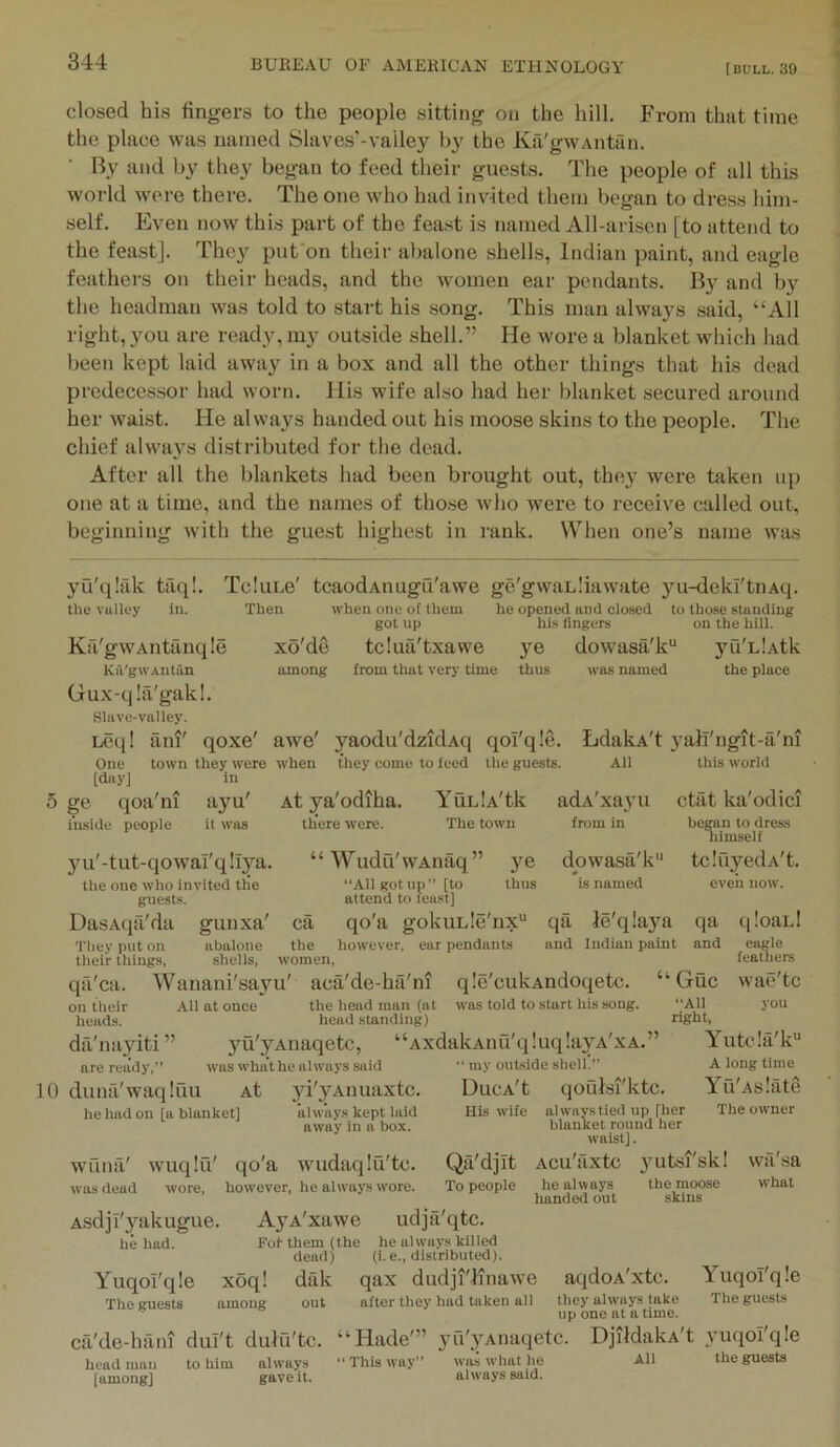 closed his fingers to the people sitting on the hill. From that time the place was named Slaves’-valle}^ by the Ka'gwAiitan. By and by they began to feed their guests. The people of all this world were there. The one who had invited them began to dress him- self. Even now this part of the fea.st is named All-arisen [to attend to the feast]. They pufon their abalone shells, Indian paint, and eagle feathers on their heads, and the women ear pendants. By and by the headman was told to start his song. This man always said, “All right, you are ready, my outside shell.” He wore a blanket which had been kept laid away in a box and all the other things that his dead predecessor had worn. His wife also had her blanket secured around her waist. He always handed out his moose skins to the people. The chief always distributed for the dead. After all the blankets had been brought out, they were taken up one at a time, and the names of those who were to receive called out, beginning with the guest highest in rank. When one’s name was yu'qiak taq!. Tcluce' tcaodAiiugu'awe ge'gwaLliawate yu-deki'tnAq. the vulley in. Then when one of them he opened nnd closed to tho.se stnndiug got up his fingers on the hill. Ka'gwAntanqle xo'de tclua'txawe ye dowasa'k“ yu'clAtk Kii'gwAiitin among from that very time thus was named the place Gux-q!a'gakl. Slave-vnliey. Leq! ani' qoxe' awe' yaodu'dzidAq qol'qle. LdakA't yafl'ngit-a'ni One town they were when they come to feed tlie guests. All this world [day] In 5 ge qoa'ni ayu' At ya'odiha. YunlA'tk adA'xayu ctat ka'odici i'nside people it was there were. The town from in began to dress himself yu'-tut-qowai'q!iya the one who invited the guests. DasAfia'da gunxa' Tliey put on abalone their things, shells, qa'ca. Wanani'sajm' aca'de-ha'ni “Wudu'wAnaq” ye dowasa'k“ tcluyedA't. “All got up” [to thus is named even now. attend to feast] ca qo'a gokuLle'nx qa le'qlaya qa the however, ear pendants and Indian paint and women, “ Guc qle'cukAudoqetc. on their heads. All at once the liead man (at head standing) da'nayiti ” yu'yAiiaqetc, are ready,” was what he always said 10 dunfi'waqluu At yi'yAiiuaxtc. he had on [a blanket] always kept laid away in a box. wTiiuV wuqlu' qo'a wudaqiu'tc. was dead wore, however, he always wore. was told to start his song. “AxdalvAiiu'q !uq layA'xA.” qioaLl eagle feathers wac'tc you “All right, Yutc!a'k“ A long time Yu'As.'ate The owner “ my outside shell.” DucA't qouEi'ktc. His wife always tied up [her blanket round her waist]. Qa'djit Acu'axtc yutsi'sk! wa'sa To people he always the moose what handed out skins Asdji'yakugue. AyA'xawe udjii'qtc, he had. Fot them (the he always killed dead) (i. e., distributed). Yuqol'qle xoq! dak qax dudji'finawe aqdoA'xtc. Yuqol'qle The guests among out after they had taken all they always take The guests up one at a time. ca'de-haiu dul't dubl'tc. “Hade'” yu'yAiiaqetc. DjiMakA't yuqol'qle headman to him always “ This way” wasAvhathe All the gruests [among] gave it. always said.