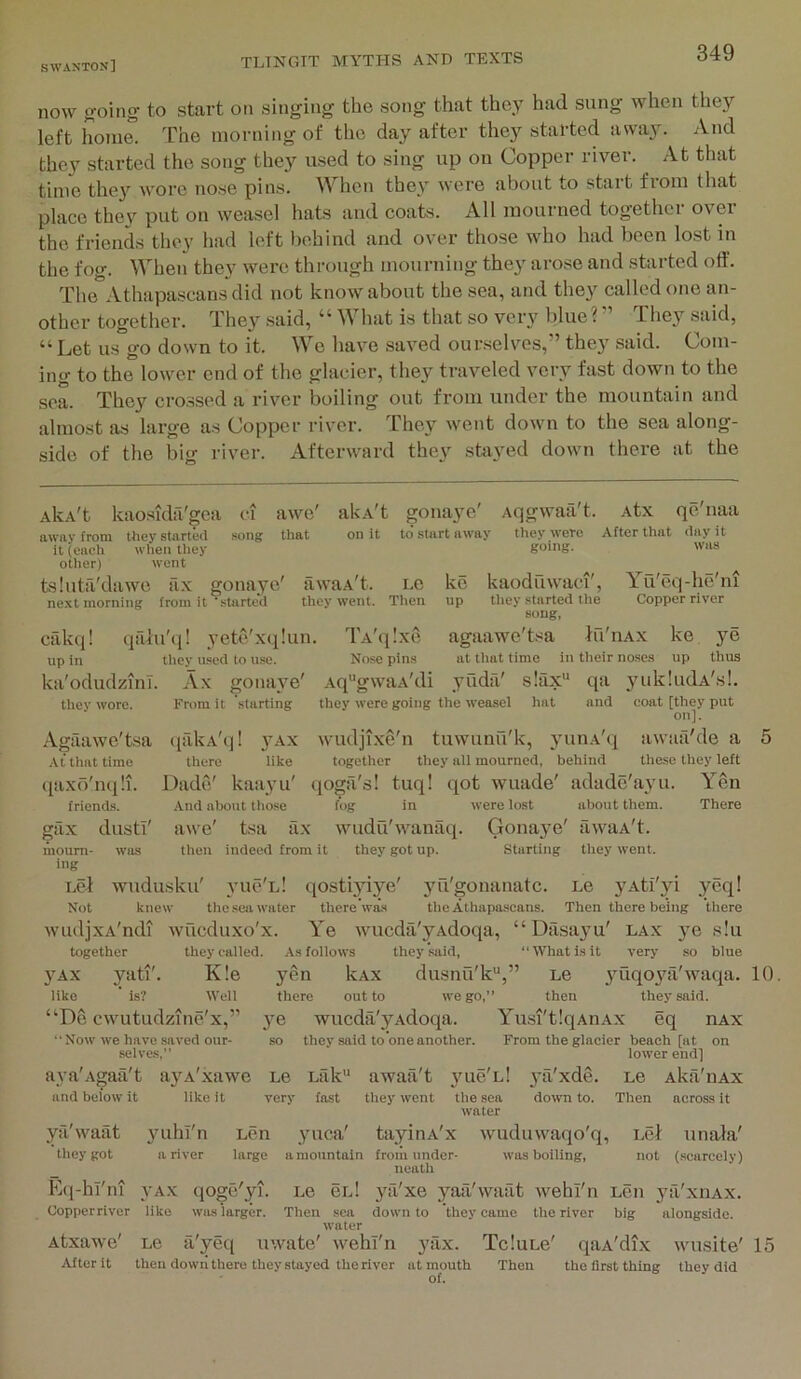 now ffoing to start on singing the song that they had sung when they left home. The morning of the day after the}’’ started away. And they started the song they used to sing up on Copper river. .\t that time the}'^ wore nose pins. When they were about to start from that place they put on weasel hats and coats. All mourned together over the friends they had left behind and over those who had been lost in the fog. When they were through mourning they arose and started off. The Athapascans did not know about the sea, and they called one an- other together. They said, “ What is that so very blue ?They said, “ Let us go down to it. Wo have saved ourselves,” they said. Com- ing to the lower end of the glacier, they traveled very fast down to the sea. They cro.ssed a river boiling out from under the mountain and almost as large as Copper river. They went down to the sea along- side of the big river. Afterward they stayed down there at the AkA't kaosida'gea ci awe' alvA't gonayc' Aqgwafi't. Atx qe'naa away from they started song that on it to start away they were After that day it it (each wlien tliey going. was other) wont teluta'dawe a.x gonaye' awaA't. Le ke kaoduwaci', Yu'eq-he'ni next morning from it‘started they went. Tlien up tliey started the Copper river song, cakq! qiliu'q! yete/xqlun. TA'qIxe agaawe'tsa hi'nAX ke ye up in they used to use. Nose pins at that time in their no.ses up thus ka'odudzinT. Ax gonaye' Aq^gwaA'di yudfi' s!ax'‘ qa yukkidA's!. they wore. From it starting they were going the weasel hat and coat [they put on]. Agaawe'tsa ■Vt that time qaxo'nqli. friends. ([fikA'tj! yAx wudji.xe'n tuwunu'k, yunA'q awiia'de a there like together they all mourned, behind these they left Dade' kaayu' qo^a's! tuq! qot wuade' adade'ayu. Yen And about those fog in were lost about them. There 5 gax dust!' awe' tsa ax wudu'wanaq. Gonaye' iiwaA't. mourn- was then indeed from it they got up. Starting they went, ing Lef wudusku' vuc'e! qostijdye' }’’u'gonanatc, Le yAti'yi ycq! Not knew the .sea water there was the Athapa-seans. Then there being there wiuljxA'ndi wueduxo'x. Ye wucda'yAdoqa, “Dfisayu' lax ye s!u together they called. As follows they said, What is it very so blue yAx yati'. K!e yen kAx dusnCi'k”,” Le }’’uqo3’’a'waqa. 10. like is? Well there out to we go,” then they said. “De cwutudzine'x,” ye wucda'yAdoqa. Yusi'tlqAnAx eq nAx Now we have saved our- so they said to one another. From the glacier beach [at on selves,” ' lower end] aya'A^aa't a}L\'xawe Le Lilk awaa't yue'L! ya'xde, Le Aka'nAx and below it like it very fast they went the sea down to. Then across it water yfi'waat yuhi'n Len yuca' tayinA'x wudiiwaqo'q, Lef unala' they got a river large a mountain from under- was boiling, not (scarcely) neath K(}-hI'ni VAX qoge'yi. Le cl! ya'xe yaa'waat Avehl'n Len ya'xnAX. Copperriver like was larger. Then .sea down to they came the river big alongside. water Atxawe' Le a'yeq uwate' wehl'n yiix. TcluLe' qaA'dix Avusite' 15 After it then down there they stayed the river at mouth Then the first thing they did