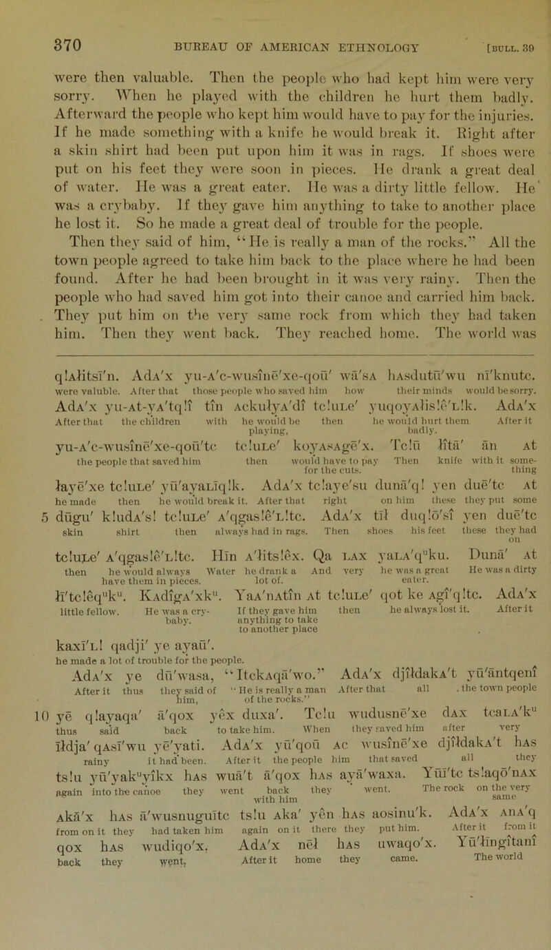 were then valuable. Then the people who had kept him were veiy sorry. AVhen he played Avith the children he hurt them badly. Afterward the y)cople who kept him would have to paj' for the injuries. If he made something with a knife he Avould break it. Right after a skin shirt had been put upon him it was in rags. If shoes were put on his feet they were .soon in pieces. He drank a great deal of water. He was a great eater. He Avas a dirty little fellow. He' was a crybab}'. If the}' gave him anything to take to another place he lost it. So he made a great deal of trouble for the people. Then they said of him, “He is really a man of the rocks.” All the toAvn people agreed to take him back to the place Avhere he had been found. After he had been brought in it was very rainy. Then the people Avho had saved him got into their canoe and carried him back. They put him on the A'ery same rock from which they had taken him. Then they Avent liack. They reached home. The Avorld Avas qUIitsi'n. AdA'x yu-A'c-Avusine/xe-qou' Ava'sA liA.sdutu'Avu m'knutc. were valuble. After that tho.se people who saved him how their miiid.s would be sorry. AdA'x yu-At-yA'tq!i tin AckulyA'di tclui.e' yiiqoyAlisIe'Llk. AdA'x After that the children with he would be then he would hurt them After it playing, badly. yu-A'c-wusme'xe-qou'tc tckiLc' koyAj^Age'x. Tclfi litii' an At tbe people that saved him then would have to pay Then knife with It some- for the cuts. thing laye'xe tcluLe'yu'ayaLiqlk. AdA'x tclaye'su duna'q! yen due'tc At he made then he would break it. After that right on him the.se they put some 5 dugu' kludA's! tcluLc' A'q^asIe'Lltc. AdA'x tTl duq!o'si yen due'tc skin shirt then always had in mgs. Then shoes his feet these they had on tcIuLe' A'q^asle'ultc. Hm A'litslex. Qa lax then he would always AA'ater he drank a And very have them in pieces. Il'tc!eq''k“. KAdigA'xk'*. little fellow. He was a cry- baby. yuLA'q”ku. he drank a lot of. YaA'iiAtin At tcIuLc' then Duna' At He was a dirty If they gave him anything to take to another place he was a great eater. (jot ke Agi'qltc he always lost it. After it AdA'x kaxi'Ll qadji' ye ayau'. he made a lot of trouble for the people. AdA'x ye du'Avasa, “ ItckAqa'wo.’’ After it thus they said of  He is really a man him, of the rocks.” AdA'x djtldakA't yu'antqem After that all . the town people 10 ye thus layaqa' a qox back yex duxa'. Tc!ti wiidusne'xe to take him. When they raved him AdA'x yu'qou ac wu.sinc'xe .■tfterit the people him that saved wua't a'qox Has aya'waxa went back they went, with him Akfi'x IiAS ii'wusnugultc ts!u Aka' yen hAS ao.sinu'k. from on it they had taken him again on it there they put him. hAS wudiqo'x, AdA'x nei liAS tiwaqo'x said Ildja' qAsI'wu ye'yati. rainy it had’been. ts!u yu'yak'^yikx Has again into the canoe they qox back they went, After it home they came. dAX tcaLA'k after very djildalvA't Has all they Yul'tc tsIaqo'nAx The rock on the very same AdA'x AiiA'q After it from it Yu'llngitam The world