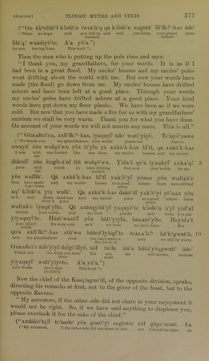 (“Gu ak^cede'i klede'n ivvutla'q qa klede'n iiAgeta' ilI'ik!“-hAs ade' (There we hope well you will be and well you sleep, your grand- there wanned your grand- fathers ida'q! wuadiye'tc. A'a yu'a.”) for you having done. This is all.”) Then the man who is putting up tlie pole rises and says: “I thank you, grandfathers, for your words. It is as if 1 had been in a great flood. My uncles’ houses and 1113'^ uncles’ poles went drifting about the world with me. But now 3’our words have made [the flood] go down from me. My uncles’ houses have drifted ashore and have been left at a good place. Through 3’our words my uncles’ poles have drifted ashore at a good place. Your kind words have put down m}^ floor planks. We have been as if we were cold. But now that you have made a fire for us with my grandfathers’ emblem we shall be very warm. Thank you for what you have done. On account of jmur words we will not mourn an}' more. This is all.” (“ GunAltcI'cA, Axh'lkl“-hAs, lyaqayi' ade' wuti'yiye. Tclaye'.xawe (“We thank you, my grauafathers, your words plea.ve me. ' Just .so uwaya' xan wuiqo'wu yex tl'yin ya Axka'k-liAS hi'ti, qa Axka'k-liAs it was with was flooded like was these my uncles’ houses, and my uncles’ me dakedi' xan ilngit-a'ni tut wuiqo'wu. YTdA't qo'a iyAijayi' AxkA'q! poles with world in were drifting But now your words for me me around. yen wuhla'. Qti Axka'k-hAs hi'ti }'Ak!e'yi yenax yen wulixa'c thus have made And my uncles’ hou.ses on a good 'ashore there have drifted It go down. place Aq! klede'n ylx wula'. Qa Axka'k-liAs dake'di }'Akle'yi y^nAx yen at it well down flood has And my uncles’ poles at a good 'lushore there from it gone. place wulixa'c iyaqa'yitc. Qa Axtoqylta'yi yAqaye'tc klede'n a'yi ylsi'ni drifted your words. And my floor ' ' plan'ks well down you put ylyAqayi'tc. Hase'waAtli yex hati'ylyin, hauAnl'yitc. HeyidA't were cold as if we were we have been. But qo'a Axli'lkl“-hAs Atu'wu hatcfx'lylagi'tc tcALA'kl^ ha'k^trwatla. 10 very now my grandfathers’ crest you have made a fire for us of GunAltcI'c ade'ylyi-dzigl'diye. tu'la Ica'n liatQ'yeqgwatl' fide' Thank yon fo'r what you have' Not any we will mourn done. more yiyAqayi' wutl'yiyetc. A'a yu'a.”) yoiir words have been This is all.”) [so kind]. we will be warm. because Now the chief of the Kasq lague'di, of the opposite division, speaks, directing his remarks at first, not to the giver of the feast, but to the opposite Ravens: My ancestors, if the other side did not share in }mur enjo}'ment it would not be right. So, if we have .said anything to displease vou please overlook it for the sake of the chief.”