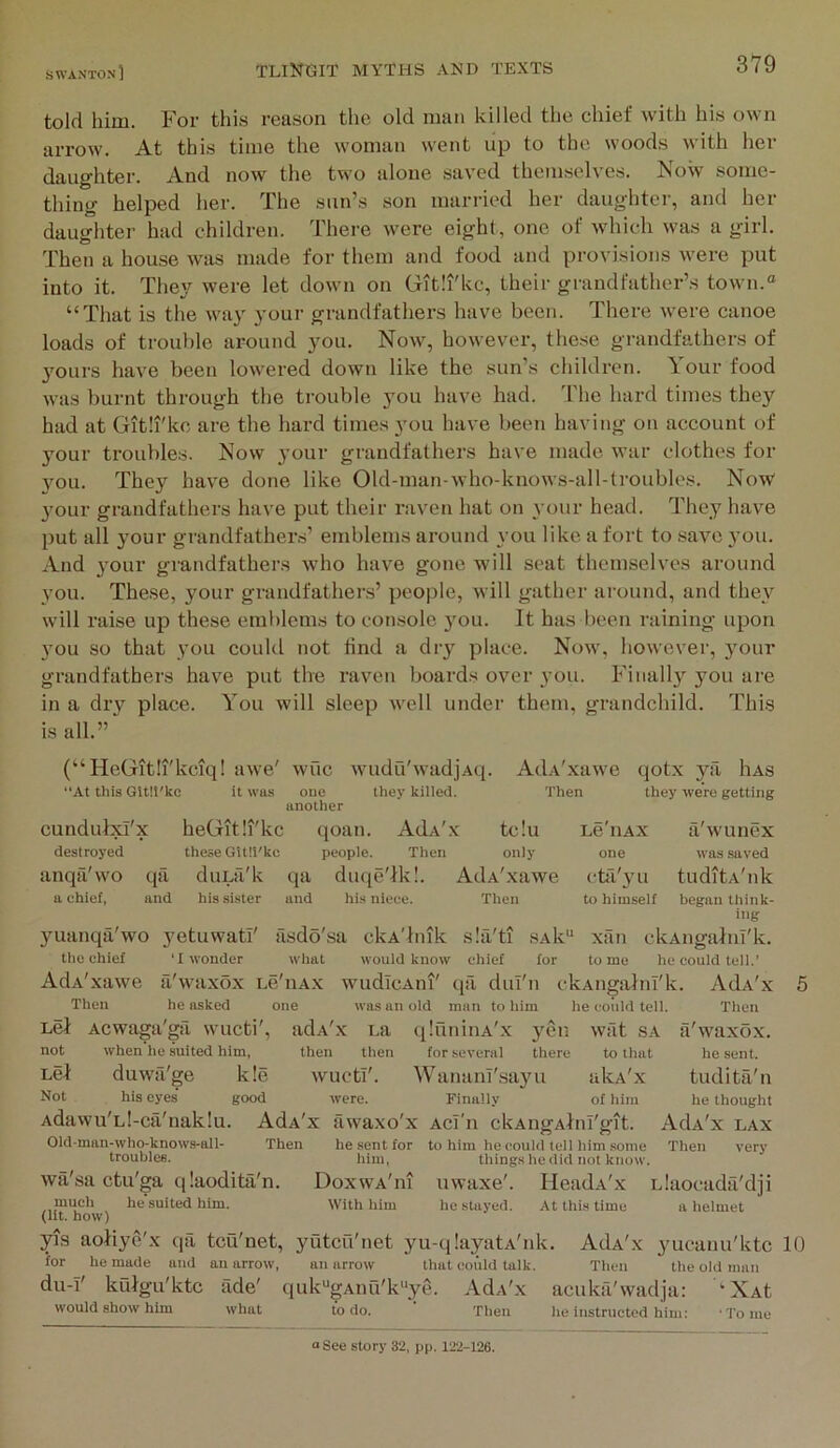 told him. For this reason the old man killed the chief with his own arrow. At this time the woman went up to the woods with her daughter. And now the two alone saved themselves. Now some- thing helped her. The sun’s son married her daughter, and her daughtei- had children. There were eight, one of which was a girl. Then a house was made for them and food and provisions were put into it. The^'^ were let down on Gitli'kc, their grandfather’s town.® “That is the wa}^ your grandfathers have been. There were canoe loads of trouble around you. Now^, however, these grandfathers of yours have been lowered down like the sun’s chiklren. \ our food was burnt through the trouble you have had. The hard times they had at Gitli'kc are the hard times you have been having on account of your troubles. Now your grandfathers have made war clothes for vou. They have done like Old-man-who-knows-all-troubles. Now your grandfathers have put their raven hat on your head. They have put all your grandfathers’ emblems around \’ou like a fort to save j’ou. And 3mur grandfathers who have gone will seat themselves around you. These, your grandfathers’ people, will gather around, and they will raise up these emblems to console you. It has been raining upon }mu so that you could not lind a diy place. Now', however, 3'our grandfathers have put the raven boards over 3-011. Finally you are in a di’3'^ place. You will sleep well under them, grandchild. This is all.” (“ HeGitli'kciq! awe' wuc wudu'w-adjAq. AdA'xaw-e qotx ya liAs “At this Gltlt'kc it was one they killed. Then they were getting another cundulxi'x heGitli'kc qoan. AdA'x tc!u Le'iiAX a'wunex destroyed these Gltlt'kc people. Then only one was saved anqii'wo qa duLfi'k qa duqe'lk!. AdA'xawe ctti'3'u tuditA'nk a chief, and his sister and his niece. Then to himself began think- ing yuanqa'wo yetuwatl' asdo'sa ckA'hnk s.'a'ti SAk“ xan clvAngalnl'k. the chief T wonder what would know chief for tome he could tell.’ AdA'xawe a'w'axox Le'iiAX wudlcAni' qa dul'n ckAiigalnl'k. AdA'x 5 Then he asked one was an old man to him he could tell. Then Lei Acwaga'ga wucti', adA'x La qluninA'x yen wat SA ii'waxox. not when he suited him, then then for several there to that he sent. Lei duwa'ge k!e wucti'. WananT'sa3Ui akA'x tudita'n Not his eyes good were. Finally of him he thought Adawu'Ll-cti'naklu. AdA'x awaxo'x Acl'n ckAngAinl'glt. AdA'x lax Old-man-who-knows-all- Then he sent for to him he could tell him some Then very troubles. him, things he did not know. wa'sa ctu'ga qiaodita'n. Doxwa'ui uwaxe'. IleadA'x Llaocadii'dji much he suited him. With him he stayed. At this time a helmet (lit. how) yis aoiiye'x qa tcu'net, yutcu'net yu-q!ayatA'nk. AdA'x yucanu'ktc 10 for he made and an arrow, an arrow that could talk. Then the old man du-I' kuigu'ktc ade' quk®gAnu'k'*ye. AdA'x acuka'wadja: ‘XAt would show him what to do. Then he instructed him: Tome