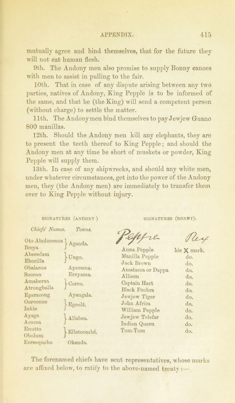 mutually agree and bind themselves, that for the future they will not eat human flesh. 9th. The Andony men also promise to supply Bonny canoes with men to assist in pulling to the fair. 10th. That in case of any dispute arising between any two parties, natives of Andony, King Pepple is to be informed of the same, and that he (the King) will send a competent person (without charge) to settle the matter. 11th. The Andonymen bind themselves to pay Jewjew Guano 800 manillas. 12th. Should the Andony men kill any elephants, they are to present the teeth thereof to King Pepple; and should the Andony men at any time be short of muskets or powder, King Pepple will supply them. 13th. In case of any shipwrecks, and should any white men, under whatever circumstances, get into the power of the Andony men, they (the Andony men) are immediately to transfer them over to King Pepple without injury. SIGNATURES (ANDONY ) SIGNATURES (BONNY). Oto Aboloocnna Breya Aberedam Eborilla Obalacoo Soocoo Amaberaa Atrongballa Eparacong Ooroonee Inkie Ayaga Acaeca Enutto Obolum Ecreequebo r. Towns. j- Aganda. Anna Pepple his X mark. | Ungo. Manilla Pepple do. Jack Brown do. Aperatna. Amataeca or Dappa do. Ereyama. Allison do. 1 Corro. Captain Hart do. J Black Foobra do. Ayangala. Jewjew Tiger do. j- Egoole. John Africa do. William Pepple do. 1 Allabea. Jewjew Telefar do. J Indian Queen do. j- Elletoombo. Okenda. Tom-Tom do. The forenamed chiefs have sent representatives, whose marks are affixed below, to ratify to the above-named treaty :—