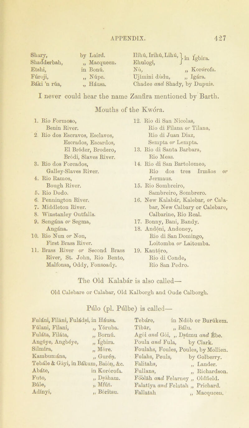 SUary, Shacfderbah, Etshi, FGroji, Bdki 'n r6a, by Laird. „ Macqueen. in Bonu. „ Nfipe. „ Hdusa. IlihMrihfi.Lihfi, 1 in Igbira_ Ehulogt, / N u, „ Kororofa. Ujiinini dudu, „ Igdra. Chadee and Shady, by Dupuis. I never could hear the name Zanfira mentioned by Barth. Mouths of the Kwora. 1. Bio Formoso, Benin River. 2 Rio dos Escravos, Esclavos, Escrados, Esoardos, El Broder, Brodero, Brodi, Slaves River. 3. Rio dos Foreados, Galley-Slaves River. 4. Rio Ramos, Bough River. 5. Rio Dodo. 6. Pennington River. 7- Middleton River. 8. Winstanley Outfalls. 9. Sengdna or Segma, Angdna. 10. Rio Nun or Non, First Brass River. 11. Brass River or Second Brass River, St. John, Rio Bento, Malfonsa, Oddy, Fonsoady. 12. Rio di San Nicolas, Rio di Filana or Tilana, Rio di Juan Diaz, Sempta or Lempta. 13. Rio di Santa Barbara, Rio Meas. 14. Rio di San Bartolomeo, Rio dos tres Irmaos or Jermaus. 15. Rio Sombreiro, Sambreiro, Sombrero. 16. New Kalabdr, Kalebar, or Cala- bar, New Calbary or Calebare, Calbarine, Rio Real, 17. Bonny, Bani, Bandy. 18. Andoni, Andoney, Rio di San Domingo, Loitomba or Laitomba. 19. Kantfiro, Rio di Conde, Rio San Pedro. The Old Kalabar is also called— Old Calebare or Calabar, Old Kalborgh and Oude Calborgh. Pulo (pi. Pulbe) is called— FuMni, Filani, Fulddsi, in Hdusa. Ffilani, Filani, „ Yoruba. Fuldta, Filata, „ Bornti. Ang6ye, Angbdye, „ Igbira. Silmira, „ More. Kambumdna, „ Gurdn. Tebiile & Gayi, in Bdkum, Baion, &c. Abdte, in Kororofa. Futo, „ Dsaham. Bdle, „ Mfdt. Adinyi, „ Boritsu. Tebare, in Ndob or Burhkem. Tibar, „ Bdlu. Agoi and Goi, ,, Dshmu and flbe. Poula and Fula, by Clark. Foulahs, Foules, Poules, by Mollien. Fulahs, Peuls, by Golberry. Falitahs, „ Lander. Fullans, „ Richardson. Foolah and Felarney „ Oldfield. Falatiya and Felatah „ Prichard. Fallatah „ Macqueen.