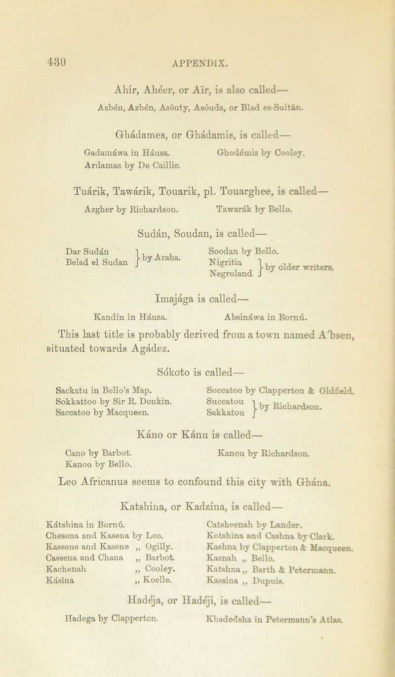 Ah!r, Aheer, or Air, is also called— Asbdn, Azbdn, As6uty, Asbuda, or Blad es-Sultan. Ghddames, or Ghadamis, is called— Gadatndwa in Hausa. Gh odd mis by Cooley. Ardamas by De Caillie. Tuarik, Tawarik, Touarik, pi. Touarghee, is called— Azgber by Richardson. Tawardk by Bello. Dar Suddn Belad el Sudan Sudan, Soudan, is called- 1 by Arabs. Soodan by Bello. Nigritia Negroland older writers. Imajaga is called— Kandin in Hausa. Absindwa in Bornu. This last title is probably derived from a town named A'bsen, situated towards Agadez. Sokoto is called— Sackatu in Bello’s Map. Soccatoo by Clapperton &; Oldfield. Sokkattoo by Sir R. Donkin. Succatou 1 Riehard'on Saccatoo by Macqueen. Sakkatou j  Kano or Kami is called— Cano by Barbot. Kanou by Richardson. Kanoo by Bello. Leo Africanus seems to confound this city with Ghana. Katshina, or Kadziua, is called— Kdtshina in Bornu. Chesena and Kasena by Leo. Kassene and Kasene „ Ogilly. Cassena and Ckana „ Barbot. Kachenah „ Cooley. Kdsina ,, Koelle. Catsheenah by Lander. Kotskina and Cashna by Clark. Kashna by Clapperton & Macqueen. Kasnah „ Bello. Katshna „ Barth & Petermann. Kassina ,, Dupuis. Haddja, or Hadeji, is called— Hadega by Clapperton. Khadedsha in Petermann’s Atlas.