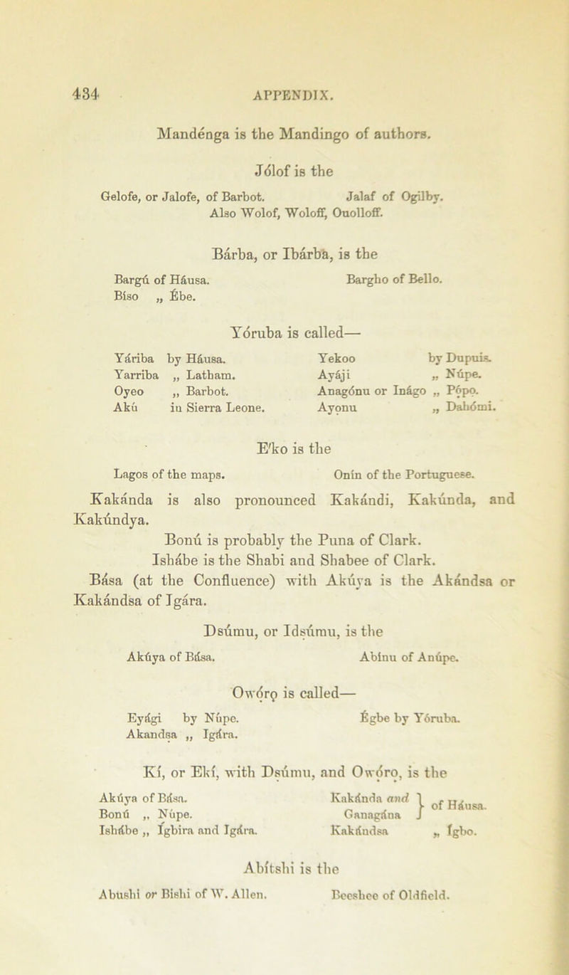 Mandenga is the Mandingo of authors. Jdlof is the Gelofe, or Jalofe, of Barbot. Jalaf of Ogilby. Also Wolof, Woloff, OuollofF. Barba, or Ibarbh, is the Bargd of Hausa. Bargho of Bello. Biso „ flbe. Toruba is called— Yariba by Hausa. Yarriba „ Latbam. Oyeo „ Barbot. Aku ia SieiTa Leone. Yekoo by Du puis. Ayaji „ Ntipe. Atiagbnu or Inigo „ Popo. Ayonu „ Dahdmi. E'ko is the Lagos of the maps. Onin of the Portuguese. Kakanda is also pronounced Kakandi, Kakunda, and Kakundya. Bond. is probably the Puna of Clark. Ishabe is the Shabi and Shabee of Clark. Basa (at the Confluence) with Akuya is the Akandsa or Kakandsa of Jgara. Dsumu, or Idsurau, is the Akftya of Bisa. Abinu of Anupe. Owdrp is called— Eyigi by Nfipc. figbe by Y6ruba. Akandsa „ Igira. Ki, or Eki, with Dsumu, and Oworo, is the Akuya of Bisa. Ivakftnda and 1 r Tr . „ ; „ fofHiusa. Bonu „ Nupe. Ganagina J Isliftbe „ Igbira and Igitra. Kakindsa „ fgbo. Abitshi is the Ablislii or Bishi of W. Allen. Beeshce of Oldfield.