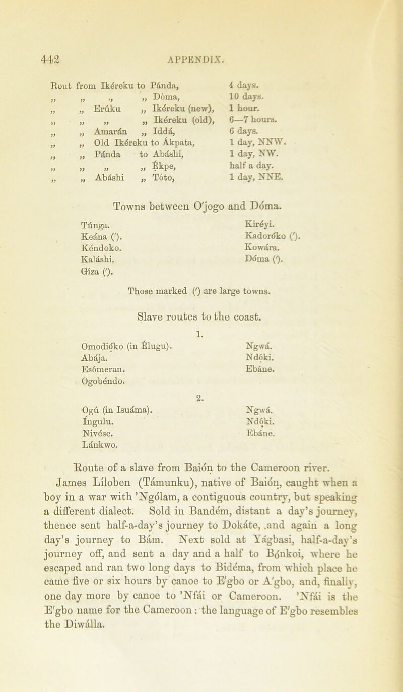 Rout from Ikdreku to Pdnda, 4 days. it it „ Doma, 10 days. if it Erdku „ Ikdreku (new). 1 hour. f) ft it „ Ikdreku (old), 6—7 hours. tf it Amardn „ Iddd, 6 days. Jf a Old Ik^reku to Akpata, 1 day, NNW. ft it Piinda to Abdshi, 1 day, NW. if a it „ fikpe, half a day. ft tt Abdshi „ Toto, 1 day, NNE. Towns between O'jogo and Ddma. Ttinga. Kirdyi. Keana ('). Kadordko ('). Kendoko. Kowdra. Kalashi. Giza ('). Ddma {'). Those marked (') are large towns. Slave routes to the coast. Omodidko (in fllugu). Abdja. Esomeran. 1. Ngwd. Ndoki. Ebane. Ogobdndo. 2. Ogd (in Isudma). Ingulu. Nivdse. Ngwd. Nd6ki. Ebdne. Ldnkwo. Route of a slave from Baidu to the Cameroon river. James Liloheu (Tamunku), native of Baion, caught when a hoy in a war with ’Ngdlam, a contiguous country, but speaking a different dialect. Sold in Bandem, distant a day’s journey, thence sent half-a-day’s journey to Dokilte, .and again a long day’s journey to Bam. Next sold at Yagbasi, half-a-day’s journey off, and sent a day and a half to Bdnkoi, where he escaped and ran two long days to Biddma, from which place he came live or six hours by canoe to E'gbo or A'gbo, and, finally, one day more by canoe to ’Nfai or Cameroon. ’Nfdi is the E'gbo name for the Cameroon : the language of E'gho resembles the Diwalla.