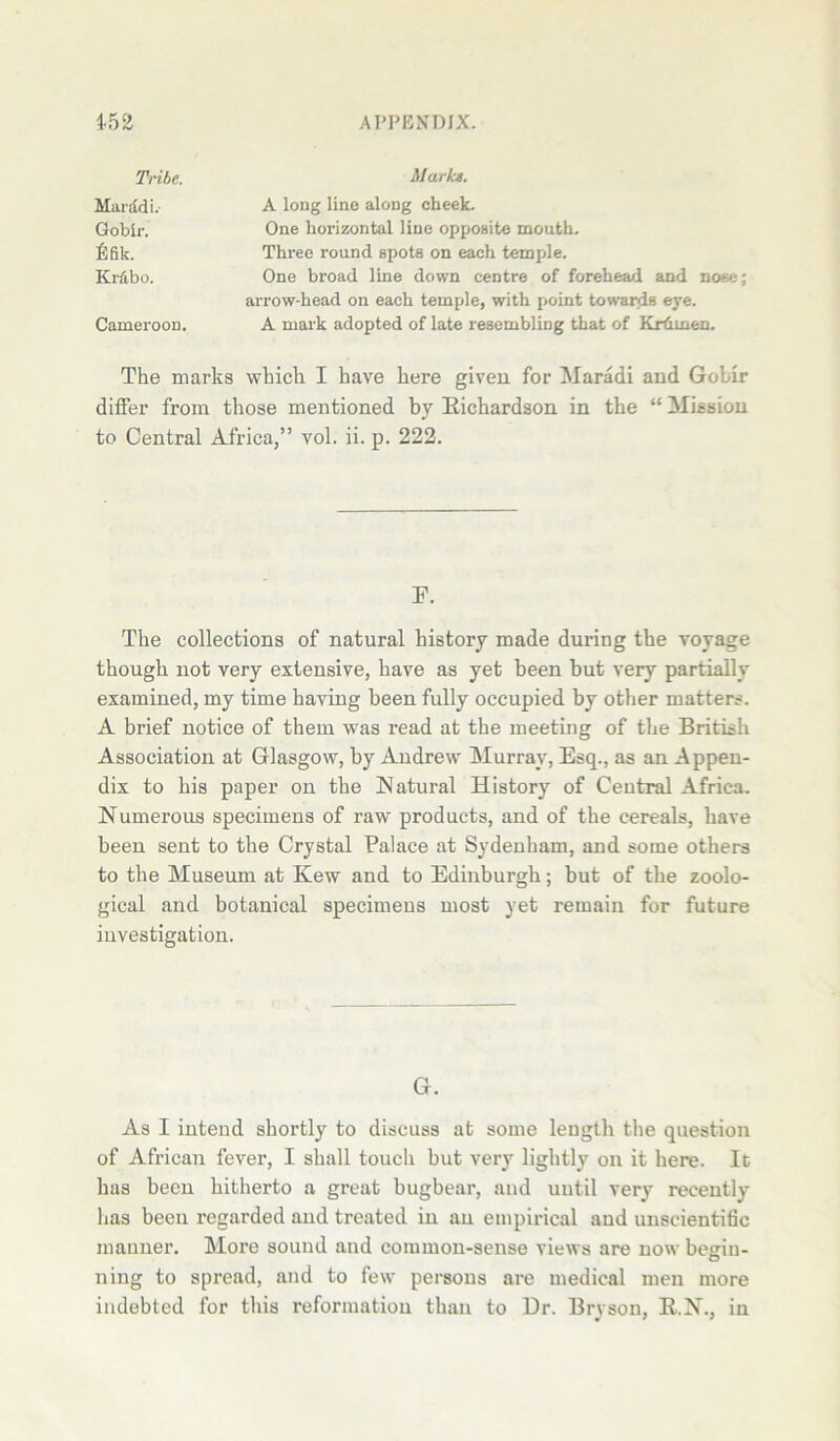 Tribe. Marddi.- Qobir. fifik. Kiabo. Cameroon. Marks. A long line along cheek. One horizontal line opposite mouth. Three round spots on each temple. One broad line down centre of forehead and nose; arrow-head on each temple, with point towards eye. A mark adopted of late resembling that of Kr&men. The marks which I have here given for Maradi and Golir differ from those mentioned by Richardson in the “ Mission to Central Africa,” vol. ii. p. 222. F. The collections of natural history made during the voyage though not very extensive, have as yet been but very partially examined, my time having been fully occupied by other matters. A brief notice of them was read at the meeting of the British Association at Glasgow, by Andrew Murray, Esq., as an Appen- dix to his paper on the Natural History of Central Africa. Numerous specimens of raw products, and of the cereals, have been sent to the Crystal Palace at Sydenham, and some others to the Museum at Kew and to Edinburgh; but of the zoolo- gical and botanical specimens most yet remain for future investigation. G. As I intend shortly to discuss at some length the question of African fever, I shall touch but very lightly on it here. It has been hitherto a great bugbear, and until very recently has been regarded and treated in an empirical and unscientific manner. Moi’e sound and common-sense views are now begin- ning to spread, and to few persons are medical men more indebted for this reformation than to Dr. Brvson, R.N., in ¥ • •