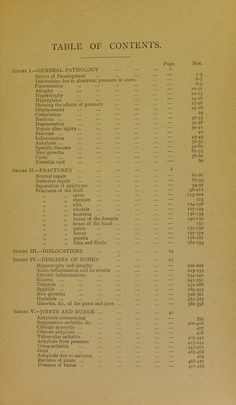 TABLE OF CONTENTS. Series I.—GENERAL PATHOLOGY Errors of Development Deformities due to abnormal pressure in utero Pigmentation Atrophy ... Hypertrophy Plyperplasia Showing the effects of pressure Displacement Coagulation Necrosis ... Degeneration Repair after injury... Fracture ... Inflammation Ankylosis ... Specific diseases New growths Cysts Parasitic cyst Page. i Nos. i-5 6-7 8-g io-ii 12-13 14-16 17-26 27-28 29 30-33 34-38 39-41 42 43-49 50-51 52-60 6i-75 76-80 80 Series II.—FRACTURES Normal repair Defective repair Separation of epiphyses Fractures of the skull „ „ spine „ „ sternum .. ,1 ribs ,, ,, clavicle „ „ humerus ... „ bones of the forearm ,, ,, bones of the hand ... ,, pelvis „ ,, femur „ ,, patella „ ,, tibia and fibula 81-86 87-93 94-97 98-112 113-122 123 124-126 127-129 I3°-I39 140-150 151 152-156 157-177 178^181 182-193 Series III.—DISLOCATIONS Series IV.—DISEASES OF BONES Hypertrophy and atrophy ... Acute inflammation and its results Chronic inflammations Rickets Tubercle ... Syphilis ... New growths Hydatids ... Growths, &c., of the gums and jaws ... 19 20 — 200-202 — 203-233 — 234-240 — 241-251 — 252-288 — 289-325 326-381 — 382-385 — 386-398 Series V.—JOINTS AND BURSTE Ankylosis commencing Suppurative arthritis, &c. Chronic synovitis ... Fibrous ankylosis ... Tubercular arthritis Ankylosis from pressure Osteo-arthritis Gout Ankylosis due to sarcoma Excision of joints ... Diseases of bursas ... 40 — 399 — 400-406 — 407 — 408 — 409-442 — 443-444 — 445-462 — 463-466 — 4C7 — 468-470 471-476