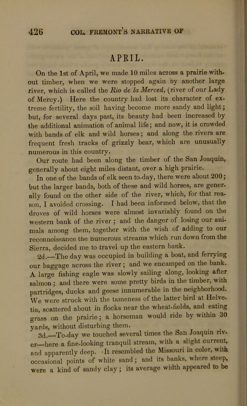 APRIL. On the 1st of April, we made 10 miles acioss a prairie with- out timber, when we were stopped again oy another large river, which is called the Rio de la Merced, (river of our Lady of Mercy.) Here the country had lost its character of ex- treme fertility, the soil having become more sandy and light; but, for several days past, its beauty had been increased by the additional animation of animal life; and now, it is crowded with bands of elk and wild horses; and along the rivers are frequent fresh tracks of grizzly bear, which are unusually numerous in this country. Our route had been along the timber of the San Joaquin, generally about eight miles distant, over a high prairie. In one of the bands of elk seen to-day, there were about 200; but the larger bands, both of these and wild horses, are gener- ally found on the other side of the river, which, for that rea- son, I avoided crossing. I had been informed below, that the droves of wild horses were almost invariably found on the western bank of the river ; and the danger of losing our ani- mals among them, together with the wish of adding to our reconnoissance the numerous streams which run down from the Sierra, decided me to travel up the eastern bank. 2d.—The day was occupied in building a boat, and ferrying our baggage across the river; and we encamped on the bank. A large fishing eagle was slowly sailing along, looking after salmon; and there were some pretty birds in the timber, with partridges, ducks and geese innumerable in the neighborhood. We were struck with the tameness of the latter bird at Helve- tia, scattered about in flocks near the wheat-fields, and eating grass on the prairie; a horseman would ride by within 30 yards, without disturbing them. 3d. To-day we touched several times the San Joaquin riv- er here a fine-looking tranquil stream, with a slight current, and apparently deep. It resembled the Missouri in color, with occasional points of white sand ; and its banks, where steep, were a kind of sandy clay ; its average width appeared to be