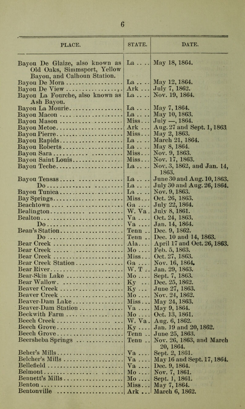 PLACE. STATE. DATE. Bayou De Glaize, also known as Old Oaks, Siinmsport, Yellow Bayou, and Calhoun Station. Bay<^n Oe IVfnra La .. .. La .... May 18,1864. Mav 12,1864. JulV 7, 1862. Nov. 19, 1864. May 7,1864. Ma*y 10,1863. July —, 1864. Bayou E)e View Ark ... Bayou La Fourche, also known as Ash Bayou. Bayou T^a Mnurie La .. .. La .. .. Bayou Mar,on TiUi ,, ., Bfl.vnn Masnn . Miss... Bayou Metoe, Ark ... Aug. 27 and Sept. 1,1863. May 2, 1863. Bayou Pierre Miss... Bayou Bapids La .... March 21, 1864. Bayou Boherts La .... May 8,1864. Nov. 9, 1863. Bayou Sara Miss. - - Bavou Saint Louis Bayou Teehe Miss... La .... Nov. 17, 1863. Nov. 3, 1862, and Jan. 14, Bayou Tensas La .... 1863. June 30 and Aug. 10,1863. July 30 and Aug. 26,1864. Nov. 9,1863. Do La .... Bayou Tiiniea La .... Bay Springs Miss... Oct. 26, 1863. Beachtown Ga .... July 22,1864. July 8, 1861. Oct. 24, 1863. Bealington W. Va. Beal ton Ya Do Va Jan. 14, 1864. Dec. 9, 1862. Beanes Station Tenn .. Do Tenn .. Dec. 10 and 14, 1863. Bear Creek Ala.... April 17 and Oct. 26,1863. Feb. 5,1863. Bear Creek Mo Bear Creek Miss... Oct. 27, 1863. Bear Creek Station Ga .... Nov. 16, 1864 Bear Biver W. T .. Jan. 29, 1863. Bear-Skin Lake xMo Sept. 7, 1863. Dec. 25,1862. Bear Wallow Ky ... Ky ... Mo Beaver Creek June 27, 1863. Beaver Creek Nov. 24, 1862. Beaver-Dam Lake Miss... May 24,1863. Muy 9, 1864. Oct. 13, 1861. Beaver-Dam Station Beckwith Farm Va .... Mo Beech Creek W. Va. Aug. 6,1862. Jan. 19 and 20,1862. June 25, 1863. Beech Grove Ky .... Tenn .. Beech Grove Beersheba Springs Tenn .. Nov. 26, 1863, and March 20, 1864. Sept. 2, 1861. May 16 and Sept. 17,1864. Dec. 9,1864. BeheFs Mills Va BelcheFs Mills Va Bellefield Va Belmont Mo Nov. 7, 1861. BennetPs Mills Mo Sept. 1, 1861. May 7,1864. Benton Miss. -.