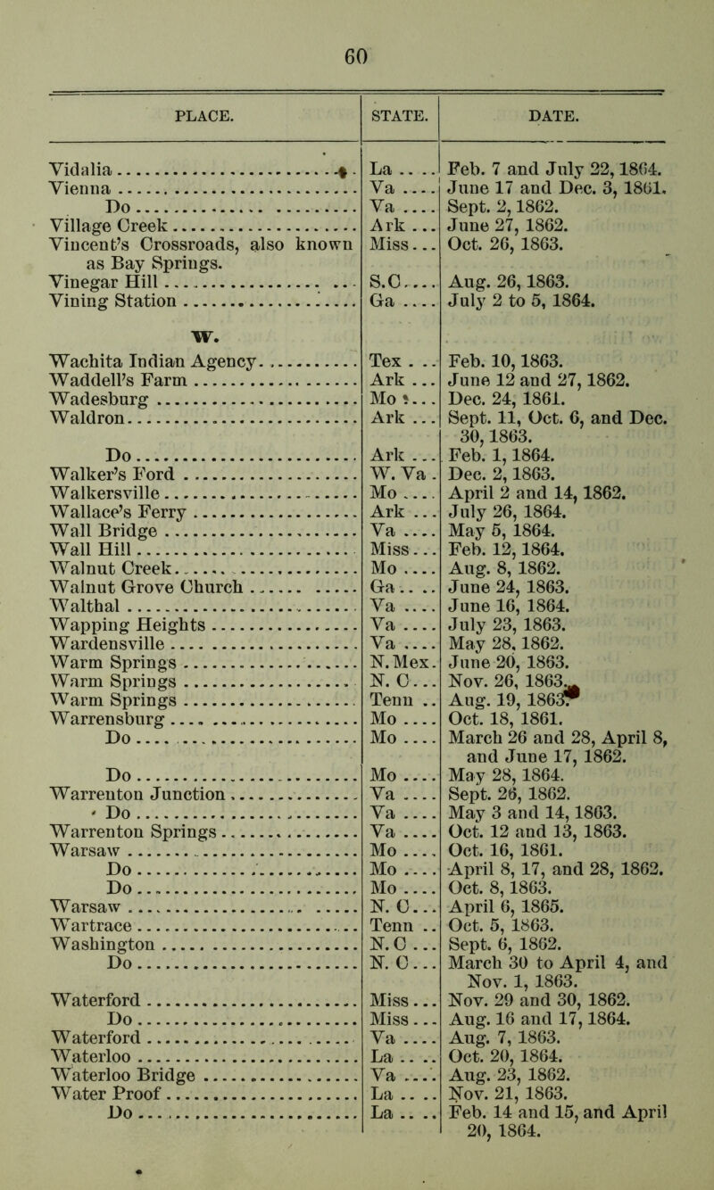 PLACE. STATE. DATE. Vidalia ^. La .... Feb. 7 and July 22,18(14. Vienna Va .... June 17 and Dec. 3, 1851, Do Va .... Sept. 2,1862. Village Creek A rk ... June 27, 1862. Vincentes Crossroads, also known Miss... Oct. 26, 1863. as Bay Springs, Vinegar Hill S.C.... Aug. 26,1863. Vining Station Ga .... July 2 to 5, 1864. W. Wachita Indian Agency. Tex . .. Feb. 10,1863. WaddelPs Farm Ark ... June 12 and 27,1862. Wadesburg Mo ^... Dec. 24, 1861. Waldron Ark ... Sept. 11, Oct. 6, and Dec. 30,1863. Feb. 1,1864. Do Ark ... Walker’s Ford W. Va . Dec. 2,1863. April 2 and 14,1862. Walkersville Mo .... Wallace’s Ferry Ark ... July 26, 1864. Wall Bridge Va .... May 5, 1864. Wall Hill Miss... Feb. 12,1864. Walnut Creek Mo .... Aug. 8, 1862. Walnut Grove Church Ga .. .. June 24, 1863. Walthal Va .... June 16, 1864. Wapping Heights Va .... July 23, 1863. Warden sville Va ,... May 28,1862. Warm Springs N.Mex. June 20j 1863. Warm Springs N. C.. - Nov. 26, 1863^ Aug. 19, 1863T Warm Springs Tenu .. Warrensburg.... Mo .... Oct. 18, 1861. Do Mo .... March 26 and 28, April 8, and June 17, 1862. May 28,1864. Do Mo .... Warren ton Junction Va .... Sept. 26, 1862. ' Do Va .... May 3 and 14,1803. Warren ton Springs Va .... Oct. 12 and 13, 1863. Warsaw Mo ..., Oct. 16, 1861. Do Mo .... April 8, 17, and 28, 1862. Do Mo .... Oct. 8,1863. April 6, 1865. Warsaw N. C... Wartrace Tenn .. Oct. 5, 1863. Washington N.C ... Sept. 6, 1862. Do N. C ... March 30 to April 4, and Nov. 1, 1863. Waterford Miss... Nov. 29 and 30, 1862. Do Miss... Aug. 16 and 17,1864. Waterford Va .... Aug. 7, 1863. Waterloo La .... Oct. 20, 1864. Waterloo Bridge Va .... Aug. 23, 1862. Water Proof La .. .. Nov. 21, 1863. Do La .. .. Feb. 14 and 15, and April 20, 1864.