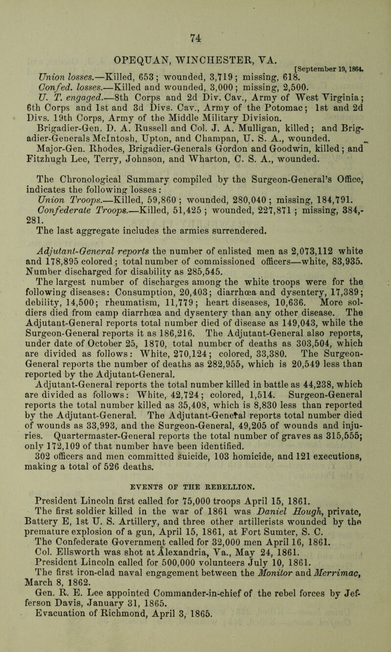 OPEQUAN, WINCHESTER, YA. [September 19,1864. Union losses.—Killed, 653; wounded, 3,119; missing, 618. Gonfed. losses.—Killed and wounded, 3,000; missing, 2,500. U. T. engaged.—8th Corps and 2d Div. Cav., Army of West Virginia; 6th Corps and 1st and 3d Divs. Cav., Army of the Potomac; 1st and 2d Divs. 19th Corps, Army of the Middle Military Division. Brigadier-Gen. D. A. Russell and Col. J. A. Mulligan, killed; and Brig- adier-Generals McIntosh, Upton, and Champan, U. S. A., wounded. Major-Gen. Rhodes, Brigadier-Generals Gordon and Goodwin, killed; and Fitzhugh Lee, Terry, Johnson, and Wharton, C. S. A., wounded. The Chronological Summary compiled by the Surgeon-General’s Ofi&ce, indicates the following losses : Union Troops.—Killed, 59,860; wounded, 280,040; missing, 184,191. Confederate Troops.—Killed, 51,425 ; wounded, 221,811 ; missing, 384,- 281. The last aggregate includes the armies surrendered. Adjutant-General reports the number of enlisted men as 2,013,112 white and 118,895 colored ; total number of commissioned officers—white, 83,935. Number discharged for disability as 285,545. The largest number of discharges among the white troops were for the following diseases: Consumption, 20,403; diarrhoea and dysentery, 11,389; debility, 14,500; rheumatism, 11,119; heart diseases, 10,636. More sol- diers died from camp diarrhoea and dysentery than any other disease. The Adjutant-General reports total number died of disease as 149,043, while the Surgeon-General reports it as 186,216. The Adjutant-General also reports, under date of October 25, 1810, total number of deaths as 303,504, which are divided as follows: White, 210,124; colored, 33,380. The Surgeon- General reports the number of deaths as 282,955, which is 20,549 less than reported by the Adjutant-General. Adjutant-General reports the total number killed in battle as 44,238, which are divided as follows: White, 42,124; colored, 1,514. Surgeon-General reports the total number killed as 35,408, which is 8,830 less than reported by the Adjutant-General. The Adjutant-Genefal reports total number died of wounds as 33,993, and the Surgeon-General, 49,205 of wounds and inju- ries. Quartermaster-General reports the total number of graves as 315,555; only 112,109 of that number have been identified. 302 officers and men committed suicide, 103 homicide, and 121 executions, making a total of 526 deaths. EVENTS OF THE REBELLION. President Lincoln first called for 15,000 troops April 15, 1861. The first soldier killed in the war of 1861 was Daniel Hough, private, Battery E, 1st U. S. Artillery, and three other artillerists wounded by the premature explosion of a gun, April 15, 1861, at Fort Sumter, S. C. The Confederate Government called for 32,000 men April 16, 1861. Col. Ellsworth was shot at Alexandria, Ya., May 24, 1861. President Lincoln called for 500,000 volunteers July 10, 1861. The first iron-clad naval engagement between the Monitor Merrimac, March 8, 1862. Gen. R. E. Lee appointed Commander-in-chief of the rebel forces by Jef- ferson Davis, January 31, 1865. Evacuation of Richmond, April 3, 1865.