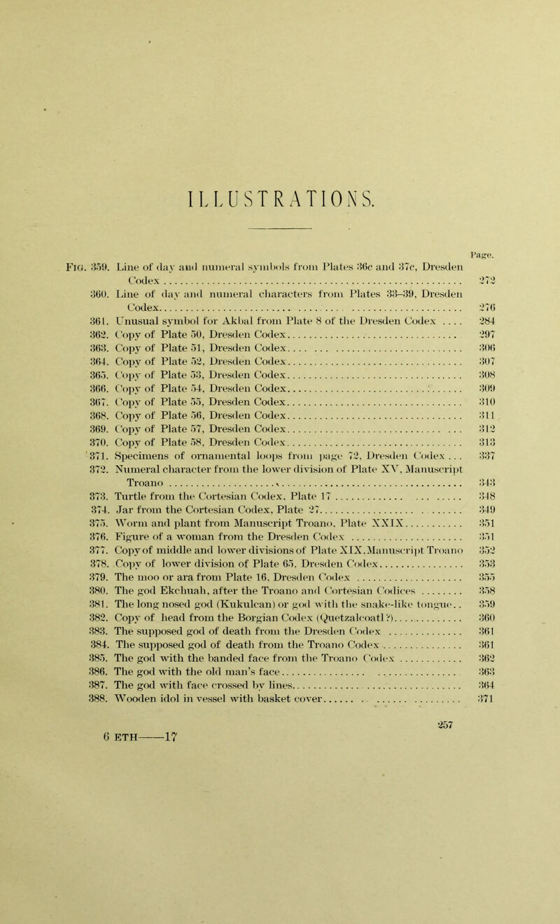ILLUSTRATIONS. Fig. 359. Line of day and numeral symbols from Plates 36c and 37c, Dresden Codex 360. Line of day and numeral characters from Plates 33-39, Dresden Codex 361. Unusual symbol for Akbal from Plate 8 of the Dresden Codex .... 362. Copy of Plate 50, Dresden Codex 363. Copy of Plate 51, Dresden Codex 364. Copy of Plate 52, Dresden Codex 365. Copy of Plate 53, Dresden Codex 366. Copy of Plate 54, Dresden Codex 367. Copy of Plate 55, Dresden Codex 368. Copy of Plate 56, Dresden Codex 369. Copy of Plate 57, Dresden Codex 370. Copy of Plate 58. Dresden Codex 371. Specimens of ornamental loops from page 72. Dresden Codex ... 372. Numeral character from the lower division of Plate XV. Manuscript Troano ^ 373. Turtle from the Cortesian Codex. Plate 17 374. Jar from the Cortesian Codex. Plate 27 375. Worm and plant from Manuscript Troano. Plate XXIX 376. Figure of a woman from the Dresden Codex 377. Copy of middle and lower divisions of Plate XIX. Manuscript Troano 378. Copy of lower division of Plate 65. Dresden Codex 379. The moo or arafrom Plate 16. Dresden Codex 380. The god Ekclmah. after the Troano and Cortesian Codices 381. The long- nosed god (Kukulcan) or god with the snake-like tongue.. 382. Copy of head from the Borgian Codex (Quetzalcoatl V) 383. The supposed god of death from the Dresden Codex 384. The supposed god of death from the Troano Codex 385. The god with the banded face from the Troano Codex 386. The god with the old man’s face 387. The god with face crossed by lines 388. Wooden idol in vessel with basket cover Page. 276 284 297 306 307 308 309 310 311 312 313 337 343 348 349 351 351 352 353 355 358 359 360 361 361 362 363 364 371 6 ETH 17