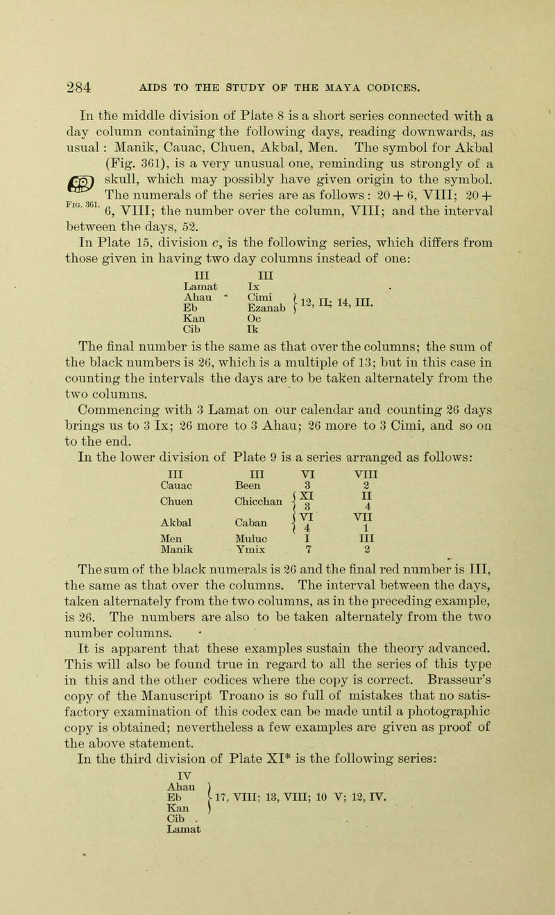 Fig. 361. In the middle division of Plate 8 is a short series connected with a day column containing the following days, reading downwards, as usual: Manik, Cauac, Chuen, Akbal, Men. The symbol for Akbal (Fig. 361), is a very unusual one, reminding us strongly of a skull, which may possibly have given origin to the symbol. The numerals of the series are as follows: 20 + 6, VIII; 20 + 6, VIII; the number over the column, VIII; and the interval between the days, 52. In Plate 15, division c, is the following series, which differs from those given in having two day columns instead of one: 12, Eh 14, III. The final number is the same as that over the columns; the sum of the black numbers is 26, which is a multiple of 13; but in this case in counting the intervals the days are to be taken alternately from the two columns. Commencing with 3 Lamat on our calendar and counting 26 days brings us to 3 lx; 26 more to 3 Ahau; 26 more to 3 Cimi, and so on to the end. In the lower division of Plate 9 is a series arranged as follows: Ill III Lamat lx Ahau * Cimi Eb Ezanab Kan Oc Cib Ik III III VI VIII Cauac Been 3 2 Chuen Chicchan -j II 4 Akbal Caban j ^ VII 1 Men Muluc I III Manik Ymix 7 2 The sum of the black numerals is 26 and the final red number is III, the same as that over the columns. The interval between the days, taken alternately from the two columns, as in the preceding example, is 26. The numbers are also to betaken alternately from the two number columns. It is apparent that these examples sustain the theory advanced. This will also be found true in regard to all the series of this type in this and the other codices where the copy is correct. Brasseur's copy of the Manuscript Troano is so full of mistakes that no satis- factory examination of this codex can be made until a photographic copy is obtained; nevertheless a few examples are given as proof of the above statement. In the third division of Plate XI* is the following series: IV Ahau Eb Kan Cib . Lamat 17, VIII; 13, VIII; 10 V; 12, IV.