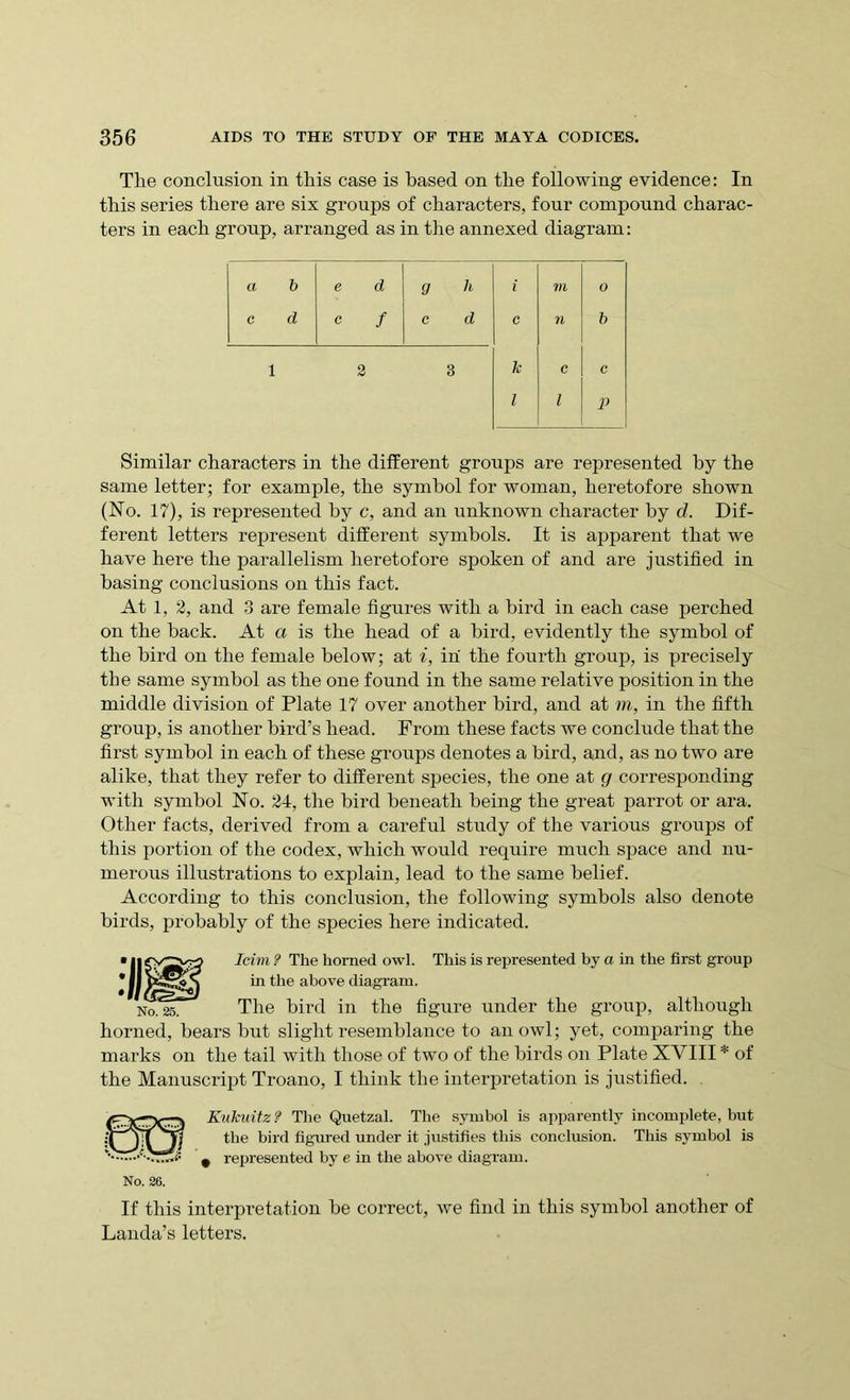 The conclusion in this case is based on the following evidence: In this series there are six groups of characters, four compound charac- ters in each group, arranged as in the annexed diagram: a b e d g h i m o c d c / c d c n b 1 2 3 k c c l l p Similar characters in the different groups are represented by the same letter; for example, the symbol for woman, heretofore shown (No. 17), is represented by c, and an unknown character by d. Dif- ferent letters represent different symbols. It is apparent that we have here the parallelism heretofore spoken of and are justified in basing conclusions on this fact. At 1, 2, and 3 are female figures with a bird in each case perched on the back. At a is the head of a bird, evidently the symbol of the bird on the female below; at i, in the fourth group, is precisely the same symbol as the one found in the same relative position in the middle division of Plate 17 over another bird, and at m, in the fifth group, is another bird’s head. From these facts we conclude that the first symbol in each of these groups denotes a bird, and, as no two are alike, that they refer to different species, the one at g corresponding with symbol No. 24, the bird beneath being the great parrot or ara. Other facts, derived from a careful study of the various groups of this portion of the codex, which would require much space and nu- merous illustrations to explain, lead to the same belief. According to this conclusion, the following symbols also denote birds, probably of the species here indicated. No. 25. Icirn ? The horned owl. This is represented by a in the first group in the above diagram. The bird in the figure under the group, although horned, bears but slight resemblance to an owl; yet, comparing the marks on the tail with those of two of the birds on Plate XVIII * of the Manuscript Troano, I think the interpretation is justified. No. 26. Kukuitz ? The Quetzal. The symbol is apparently incomplete, but the bird figured under it justifies this conclusion. This symbol is « represented by e in the above diagram. If this interpretation be correct, we find in this symbol another of Landa’s letters.