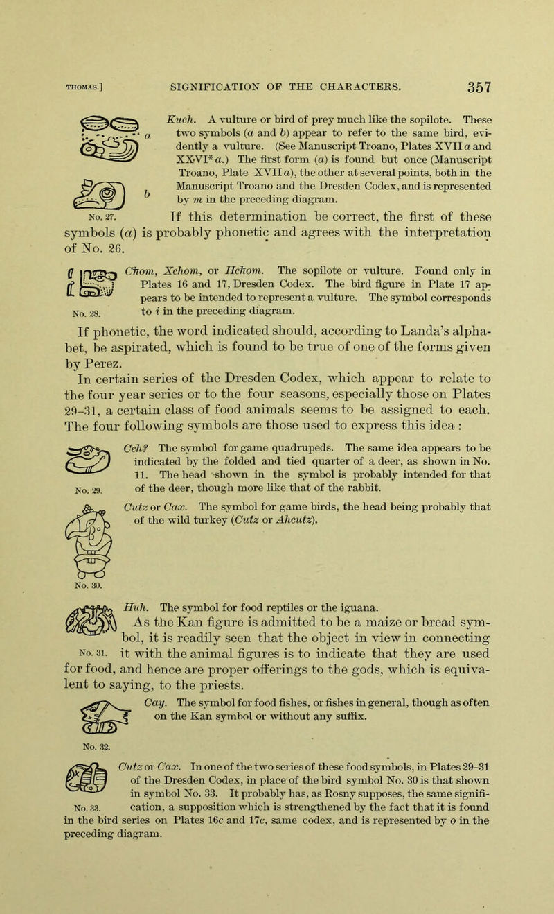 No. 27. symbols (a) of No. 26. Kuch. A vulture or bird of prey much like the sopilote. These a two symbols (a and b) appear to refer to the same bird, evi- dently a vulture. (See Manuscript Troano, Plates XVII a and XXVI* a.) The first form (a) is found but once (Manuscript Troano, Plate XVII a), the other at several points, both in the Manuscript Troano and the Dresden Codex, and is represented ^ by m in the preceding diagram. If tbis determination be correct, tbe first of these is probably phonetic and agrees with the interpretation CTiom, Xcliom, or Hcfiom. The sopilote or vulture. Found only in Plates 16 and 17, Dresden Codex. The bird figure in Plate 17 ap- pears to be intended to represent a vulture. The symbol corresponds No. 28. to i in the preceding diagram. If phonetic, the word indicated should, according to Landa’s alpha- bet, be aspirated, which is found to be true of one of the forms given by Perez. In certain series of the Dresden Codex, which appear to relate to the four year series or to the four seasons, especially those on Plates 29-31, a certain class of food animals seems to be assigned to each. The four following symbols are those used to express this idea : No. 29. Cell? The symbol for game quadrupeds. The same idea appears to be indicated by the folded and tied quarter of a deer, as shown in No. 11. The head shown in the symbol is probably intended for that of the deer, though more like that of the rabbit. No. 30. Cutz or Cax. The symbol for game birds, the head being probably that of the wild turkey (Cutz or Ahcutz). Huh. The symbol for food reptiles or the iguana. As the Kan figure is admitted to be a maize or bread sym- bol, it is readily seen that the object in view in connecting No. 3i. it with the animal figures is to indicate that they are used for food, and hence are proper offerings to the gods, which is equiva- lent to saying, to the priests. Cay. The symbol for food fishes, or fishes in general, though as often on the Kan symbol or without any suffix. No. 32. Cutz or Cax. In one of the two series of these food symbols, in Plates 29-31 of the Dresden Codex, in place of the bird symbol No. 30 is that shown in symbol No. 33. It probably has, as Rosny supposes, the same signifi- No. 33. cation, a supposition which is strengthened by the fact that it is found in the bird series on Plates 16c and 17c, same codex, and is represented by o in the preceding diagram.