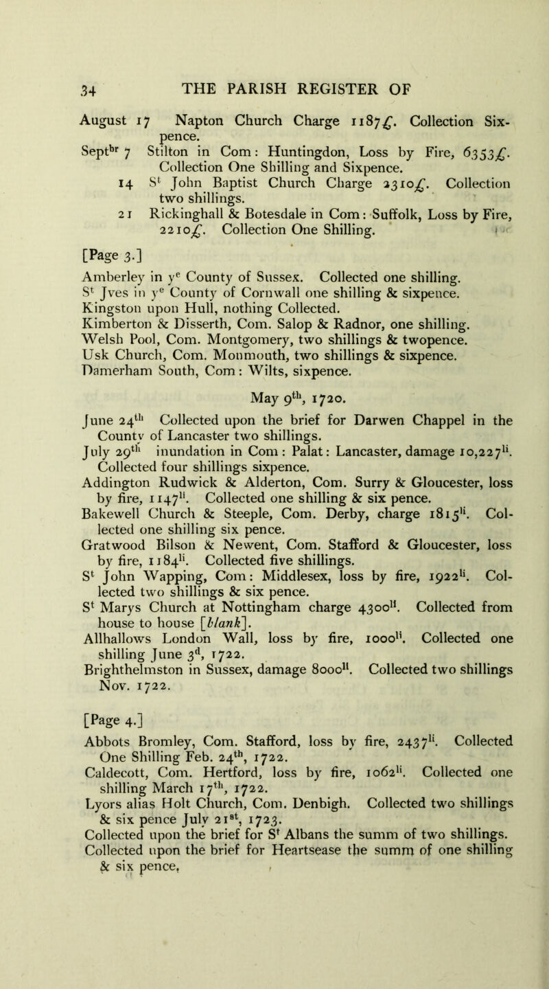 August 17 Napton Church Charge 1187^*. Collection Six- pence. Septbr 7 Stilton in Com: Huntingdon, Loss by Fire, 63 53^. Collection One Shilling and Sixpence. 14 Sfc John Baptist Church Charge 33 io^. Collection two shillings. 21 Rickinghall & Botesdale in Com: Suffolk, Loss by Fire, 2210^. Collection One Shilling. [Page 3.] Amberley in ye County of Sussex. Collected one shilling. Sl Jves in ye County of Cornwall one shilling & sixpence. Kingston upon Hull, nothing Collected. Kimberton & Disserth, Com. Salop & Radnor, one shilling. Welsh Pool, Com. Montgomery, two shillings & twopence. Usk Church, Com. Monmouth, two shillings & sixpence. Damerham South, Com: Wilts, sixpence. May 9th, 1720. June 24th Collected upon the brief for Darwen Chappel in the Countv of Lancaster two shillings. July 29th inundation in Com: Palat: Lancaster, damage io,227u. Collected four shillings sixpence. Addington Rudwick & Alderton, Com. Surry & Gloucester, loss by fire, 11471'. Collected one shilling & six pence. Bakewell Church & Steeple, Com. Derby, charge i8i5u. Col- lected one shilling six pence. Gratwood Bilson & Newent, Com. Stafford & Gloucester, loss by fire, 11841*. Collected five shillings. Sl John Wapping, Com: Middlesex, loss by fire, i922u. Col- lected two shillings & six pence. S* Marys Church at Nottingham charge 43oou. Collected from house to house [blank]. Allhallows London Wall, loss by fire, iooo1’. Collected one shilling June 3d, T722. Brighthelmston in Sussex, damage 800011. Collected two shillings Nov. 1722. [Page 4.] Abbots Bromley, Com. Stafford, loss by fire, 243 711. Collected One Shilling Feb. 24th, 1722. Caldecott, Com. Hertford, loss by fire, io62h. Collected one shilling March 17th, 1722. Lyors alias Holt Church, Com. Denbigh. Collected two shillings & six pence July 21st, 1723. Collected upon the brief for Sf Albans the summ of two shillings. Collected upon the brief for Heartsease the summ of one shilling & six pence,