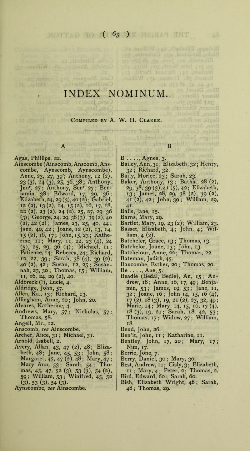 ( <53 ) INDEX NOMINUM. Compiled by A. W. H. Clarke. A Agas, Phillips, 22. Ainscombe (Ainscomb, Anscomb, Ans- combe, Aynscomb, Aynscombe), Anne, 23, 27, 39'; Anthony, 12 (2), 23 (3). 24 (3). 25> 36, 38; Anthony, Junr, 27; Anthony, Senr, 27; Ben- jamin, 38; Edward, 17, 29, 36; Elizabeth, 24, 29 (3),40 (2) ; Gabriel, 12 (2), 13(2), 14, 15 (2), 16, 17, 18, 22 (2), 23 (2), 24 (2), 25, 27, 29, 36 (3); George, 24, 29, 38 (3), 39 (2)> 40 (2) , 42 (2) ; James, 23, 25, 40, 44; Jane, 40, 42 ; Joane, 12 (2), 13, 14, 15 (2), 16, 17; John, 15,23; Kathe- rine, 11 ; Mary, 11, 22, 23 (4), 24 (5)j 25j 29> 36 (4); Michael, n ; Patience, 14; Rebecca, 24; Richard, 12, 22, 39 ; Sarah, 38 (4), 39 (2), 40 (2), 42; Susan, 12, 25 ; Susan- nah, 23, 30 ; Thomas, 15; William, 11, 16, 24, 29 (2), 40. Aldbreck (?), Lucie, 4. Aldridge, John, 57. Allen, Ka., 13; Richard, 13. Allingham, Anne, 20; John, 20. Alvares, Katherine, 4. Andrews, Mary, 57; Nicholas, 57; Thomas, 58. Angell, Mr., 12. Anscomb, see Ainscombe. Archer, Aiice, 31; Michael, 31. Arnold, Isabell, 2. Avery, Allan, 43, 47 (2), 48; Eliza- beth, 48; Jane, 45, 53; John, 58; Margaret, 45, 47 (2), 48; Mary, 47 ; Mary Ann, 53; Sarah, 54; Tho- mas, 45, 47, 52 (3), 53 (3), 54 (2), 59; William, 53 ; Winifred, 45, 52 (3) . 53 (3), 54 (3). Aynscombe, see Ainscombe, B B . . . ., Agnes, 3. Bailey, Ann,31; Elizabeth, 32; Henry, 32 ; Richard, 32. Baily, Morice, 23; Sarah, 23. Baker, Anthony, 13 ; Bathia, 28 (2), 29> 38> 39 (3)>4I (5)> 42; Elizabeth, 13 ; James, 28, 29, 38 (2), 39 (2), 41 (2), 42; John, 39; William, 29, 41- Balls, Jane, 15. Barns, Mary, 29. Bartlet, Mary, 19, 23 (2) ; William, 23. Basset, Elizabeth, 4; John, 4; Wil- liam, 4 (2). Batcheler, Grace, 13; Thomas, 13. Batchelor, Joane, 13; John, 13. Batchelour, Anne, 22 ; Thomas, 22. Bateman, Judith, 45. Baucombe, Esther, 20; Thomas, 20. Be . . . ., Ane, 5. Beadle (Bedal, Bedle), An, 15; An- drew, 18; Anne, 16, 17, 49; Benja- min, 53! James, 19, 53; Jane, 11, 32; Joane, 16; John 14, 15, 16 (4), 17 (2), 18 (3), 19, 21 (2), 23, 32, 49; Marie, 14; Mary, 14, 15, 16, 17 (4), 18(3), 19, 21; Sarah, 18, 42, 53; Thomas, 17; Widow, 27; William, 18. Bend, John, 26. Ben’it, John, 11 ; Katharine, 11. Bentley, John, 17, 20; Mary, 17; Nim, 17. Berrie, Jone, 7. Berry, Daniel, 30; Mary, 30. Best, Andrew, 11; Cisly, 3; Elizabeth, 11 ; Mary, 4; Peter, 2; Thomas, 2. Bird, Edward, 60; Sarah, 60. Bish, Elizabeth Wright, 48; Sarah, 48; Thomas, 29.