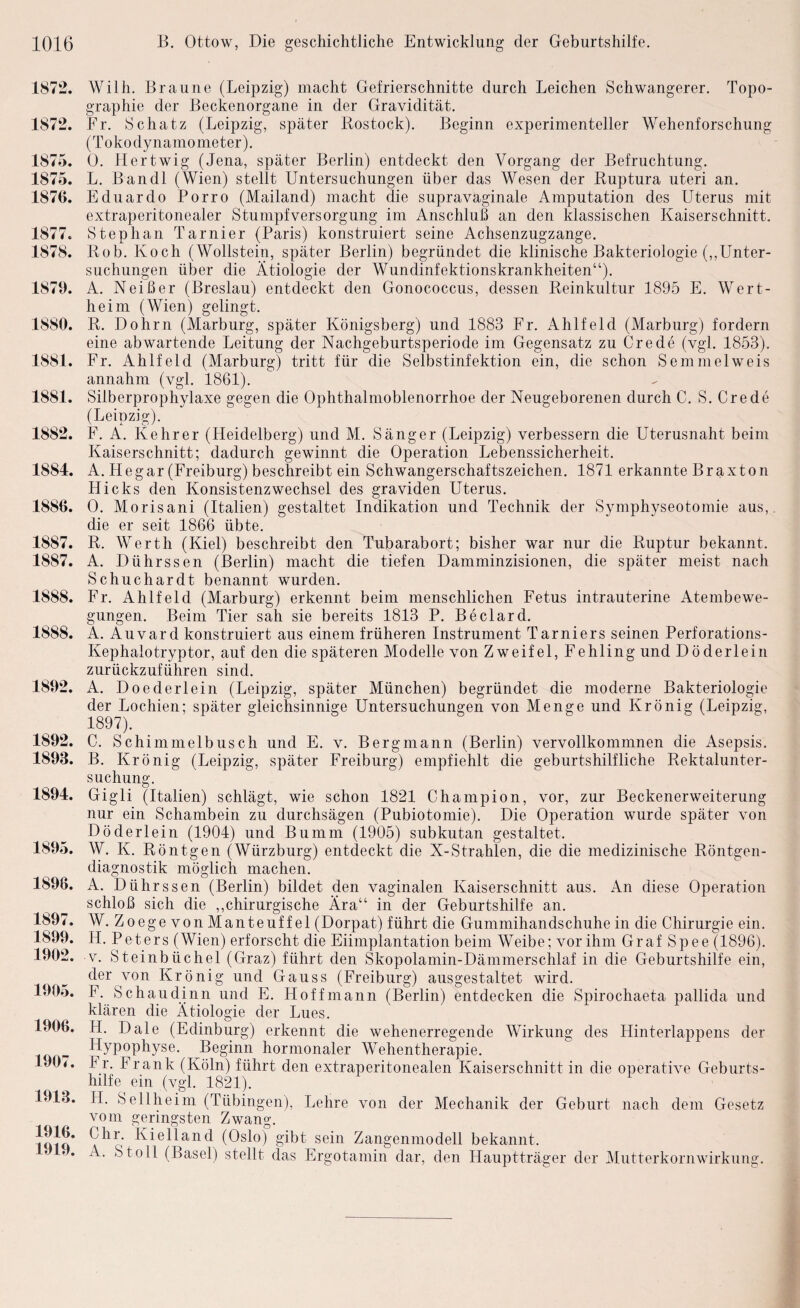 1872. Willi. Braune (Leipzig) macht Gefrierschnitte durch Leichen Schwangerer. Topo¬ graphie der Beckenorgane in der Gravidität. 1872. Fr. Schatz (Leipzig, später liostock). Beginn experimenteller Wehenforschung (T 0 ko dy na mo me ter). 1875. 0. Hertwig (Jena, später Berlin) entdeckt den Vorgang der Befruchtung. 1875. L. Ban dl (Wien) stellt Untersuchungen über das Wesen der Ruptura uteri an. 1876. Eduarde Porro (Mailand) macht die supravaginale Amputation des Uterus mit extraperitonealer Stumpfversorgung im Anschluß an den klassischen Kaiserschnitt. 1877. Stephan Tarnier (Paris) konstruiert seine Achsenzugzange. 1878. Rob. Koch (Wollstein, später Berlin) begründet die klinische Bakteriologie (,,Unter¬ suchungen über die Ätiologie der Wundinfektionskrankheiten“). 1879. A. Neißer (Breslau) entdeckt den Gonococcus, dessen Reinkultur 1895 E. Wert¬ heim (Wien) gelingt. 1880. R. Dohrn (Marburg, später Königsberg) und 1883 Fr. Ahlfeld (Marburg) fordern eine ab wartende Leitung der Nachgeburtsperiode im Gegensatz zu Crede (vgl. 1853). 1881. Fr. Ahlfeld (Marburg) tritt für die Selbstinfektion ein, die schon Semmelweis annahm (vgl. 1861). 1881. Silberprophylaxe gegen die Ophthalmoblenorrhoe der Neugeborenen durch C. S. Crede (Leipzig). 1882. F. A. Kehrer (Heidelberg) und M. Sänger (Leipzig) verbessern die Uterusnaht beim Kaiserschnitt; dadurch gewinnt die Operation Lebenssicherheit. 1884. A. He gar (Freiburg) beschreibt ein Schwangerschaftszeichen. 1871 erkannte Br axton Hicks den Konsistenzwechsel des graviden Uterus. 1886. 0. Morisani (Italien) gestaltet Indikation und Technik der Symphyseotomie aus,, die er seit 1866 übte. 1887. R. Werth (Kiel) beschreibt den Tubarabort; bisher war nur die Ruptur bekannt. 1887. A. Dührssen (Berlin) macht die tiefen Damminzisionen, die später meist nach Schuchardt benannt wurden. 1888. Fr. Ahlfeld (Marburg) erkennt beim menschlichen Fetus intrauterine Atembewe¬ gungen. Beim Tier sah sie bereits 1813 P. Beclard. 1888. A. Auvard konstruiert aus einem früheren Instrument Tarniers seinen Perforations- Kephalotryptor, auf den die späteren Modelle von Zweifel, Fehling und Döderlein zurückzuführen sind. 1892. A. Doederlein (Leipzig, später München) begründet die moderne Bakteriologie der Lochien; später gleichsinnige Untersuchungen von Menge und Krönig (Leipzig, 1897). 1892. C. Schimmelbusch und E. v. Bergmann (Berlin) vervollkommnen die Asepsis. 1893. B. Krönig (Leipzig, später Freiburg) empfiehlt die geburtshilfliche Rektalunter¬ suchung. 1894. Gigli (Italien) schlägt, wie schon 1821 Ch ampion, vor, zur Beckenerweiterung nur ein Schambein zu durchsägen (Pubiotomie). Die Operation wurde später von Döderlein (1904) und Bumm (1905) subkutan gestaltet. 1895. W. K. R öntgen (Würzburg) entdeckt die X-Strahlen, die die medizinische Röntgen¬ diagnostik möglich machen. 1898. A. Dührssen (Berlin) bildet den vaginalen Kaiserschnitt aus. An diese Operation schloß sich die ,,chirurgische Ära“ in der Geburtshilfe an. 1897. W. Zoege von Manteuff el (Dorpat) führt die Gummihandschuhe in die Chirurgie ein. 1899. H. Peters (Wien) erforscht die Eiimplantation beim Weibe; vor ihm Graf Spee(1896). 1902. V. Steinbüchel (Graz) führt den Skopolamin-Dämmerschlaf in die Geburtshilfe ein, der von Krönig und Gauss (Freiburg) ausgestaltet wird. 1905. F. Schaudinn und E. Hoff mann (Berlin) entdecken die Spirochaeta pallida und klären die Ätiologie der Lues. 1906. H. Dale (Edinburg) erkennt die wehenerregende Wirkung des Hinterlappens der Hypophyse. Beginn hormonaler Wehentherapie. 1907. Fr. Frank (Köln) führt den extraperitonealen Kaiserschnitt in die operative Geburts¬ hilfe^ ein (vgl. 1821). 1913. H. Sellheim (Tübingen), Lehre von der Mechanik der Geburt nach dem Gesetz vom geringsten Zwang. 1Q1Q* Hielland (Oslo) gibt sein Zangenmodell bekannt. . A. Stell (Basel) stellt das Ergotamin dar, den Hauptträger der Mutterkornwirkung.